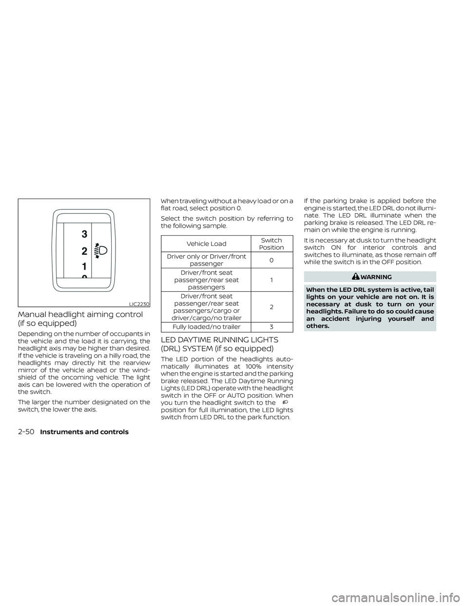 NISSAN TITAN 2022  Owners Manual Manual headlight aiming control
(if so equipped)
Depending on the number of occupants in
the vehicle and the load it is carrying, the
headlight axis may be higher than desired.
If the vehicle is trave