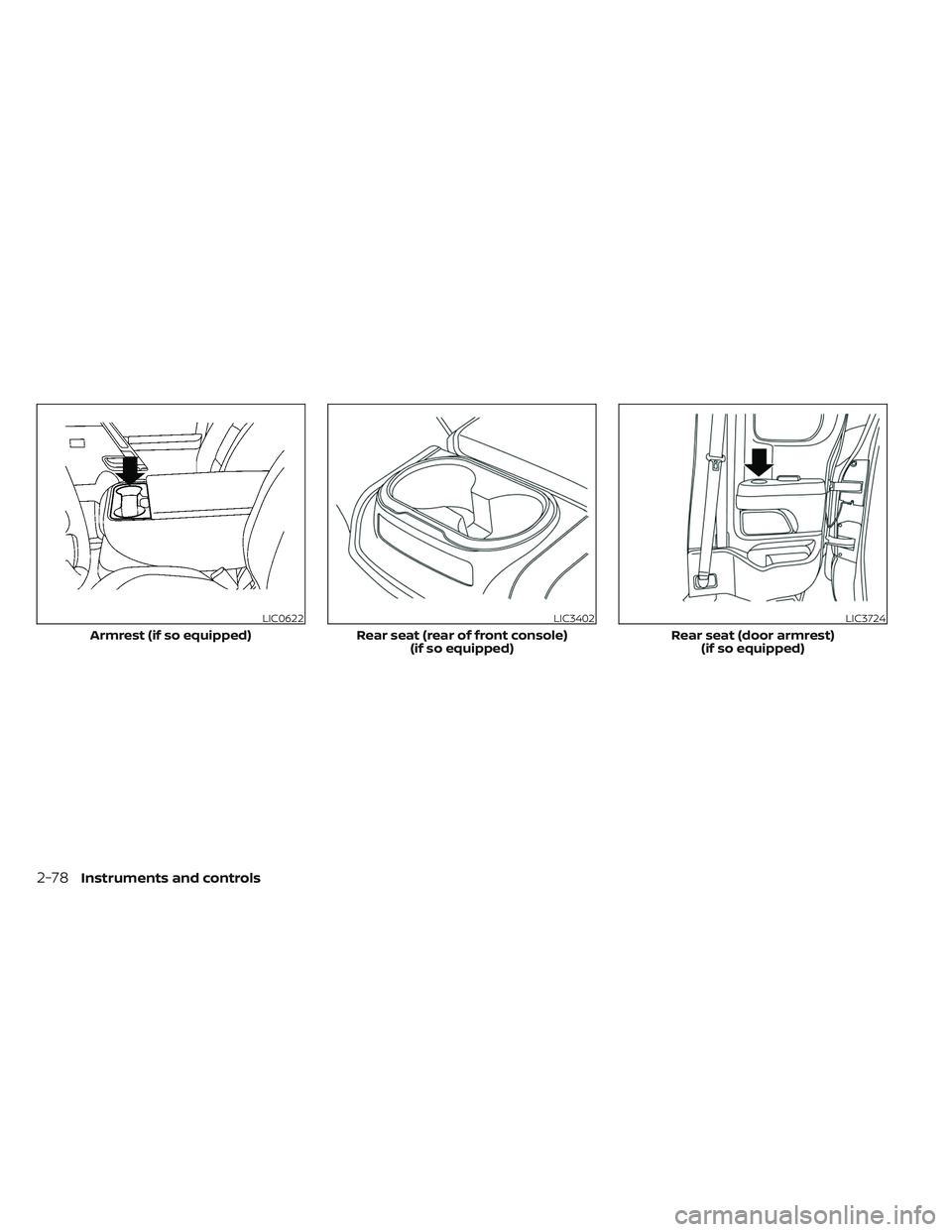 NISSAN TITAN 2022 Owners Manual LIC0622
Armrest (if so equipped)
LIC3402
Rear seat (rear of front console)(if so equipped)
LIC3724
Rear seat (door armrest)(if so equipped)
2-78Instruments and controls NISSAN TITAN 2022 Owners Manual LIC0622
Armrest (if so equipped)
LIC3402
Rear seat (rear of front console)(if so equipped)
LIC3724
Rear seat (door armrest)(if so equipped)
2-78Instruments and controls