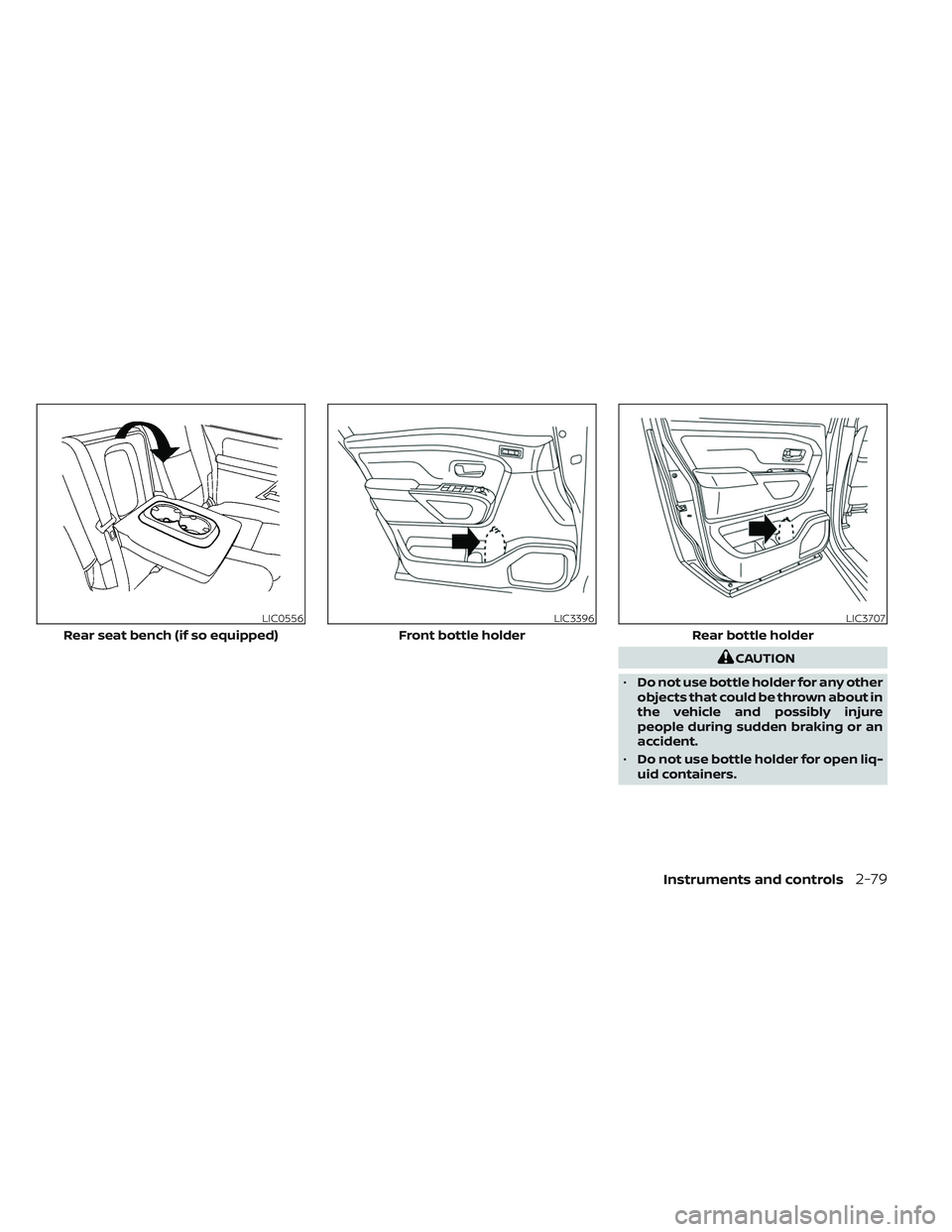 NISSAN TITAN 2022 Owners Manual CAUTION
• Do not use bottle holder for any other
objects that could be thrown about in
the vehicle and possibly injure
people during sudden braking or an
accident.
• Do not use bottle holder for o NISSAN TITAN 2022 Owners Manual CAUTION
• Do not use bottle holder for any other
objects that could be thrown about in
the vehicle and possibly injure
people during sudden braking or an
accident.
• Do not use bottle holder for o
