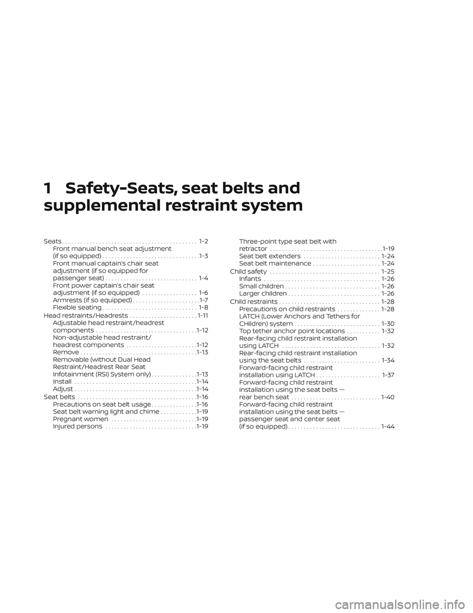 NISSAN TITAN 2022 User Guide 1 Safety-Seats, seat belts and
supplemental restraint system
Seats............................................ 1-2Front manual bench seat adjustment
(if so equipped) ................................1- NISSAN TITAN 2022 User Guide 1 Safety-Seats, seat belts and
supplemental restraint system
Seats............................................ 1-2Front manual bench seat adjustment
(if so equipped) ................................1-