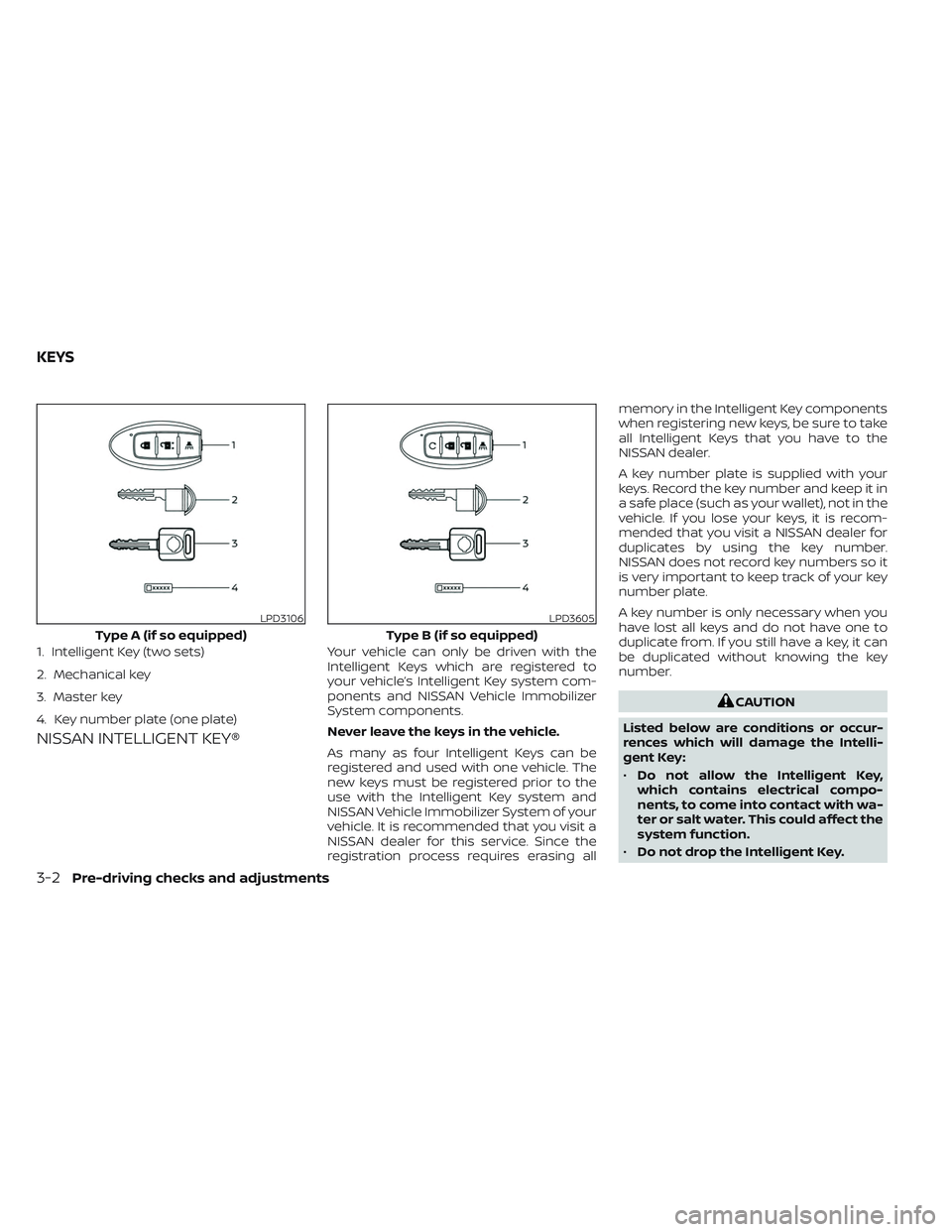 NISSAN TITAN 2022 Owners Manual NISSAN INTELLIGENT KEY®
Your vehicle can only be driven with the
Intelligent Keys which are registered to
your vehicle’s Intelligent Key system com-
ponents and NISSAN Vehicle Immobilizer
System co NISSAN TITAN 2022 Owners Manual NISSAN INTELLIGENT KEY®
Your vehicle can only be driven with the
Intelligent Keys which are registered to
your vehicle’s Intelligent Key system com-
ponents and NISSAN Vehicle Immobilizer
System co