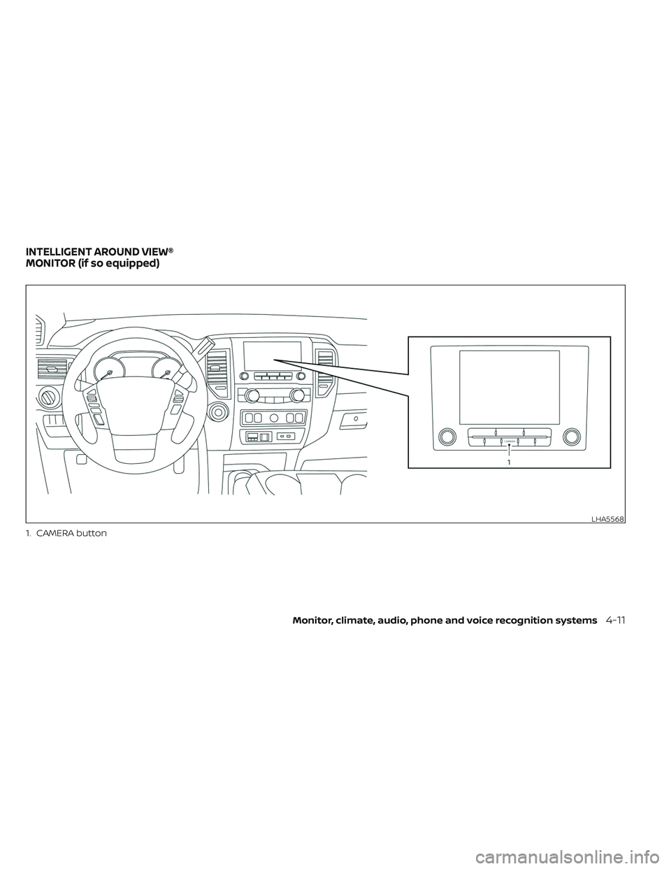 NISSAN TITAN 2022 Owners Manual 1. CAMERA button
LHA5568
INTELLIGENT AROUND VIEW®
MONITOR (if so equipped)
Monitor, climate, audio, phone and voice recognition systems4-11 NISSAN TITAN 2022 Owners Manual 1. CAMERA button
LHA5568
INTELLIGENT AROUND VIEW®
MONITOR (if so equipped)
Monitor, climate, audio, phone and voice recognition systems4-11