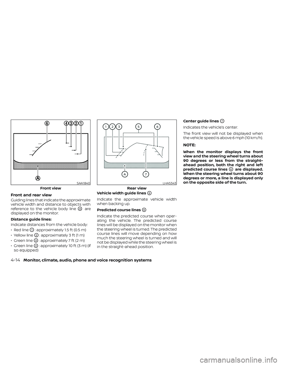 NISSAN TITAN 2022  Owners Manual Front and rear view
Guiding lines that indicate the approximate
vehicle width and distance to objects with
reference to the vehicle body line
OAare
displayed on the monitor.
Distance guide lines:
Indi