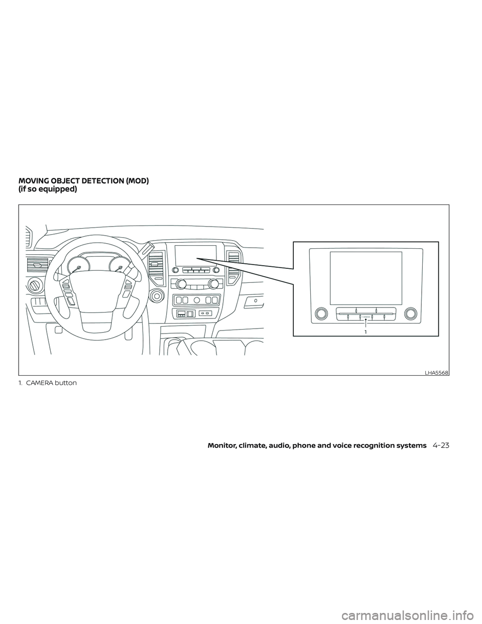 NISSAN TITAN 2022 Owners Manual 1. CAMERA button
LHA5568
MOVING OBJECT DETECTION (MOD)
(if so equipped)
Monitor, climate, audio, phone and voice recognition systems4-23 NISSAN TITAN 2022 Owners Manual 1. CAMERA button
LHA5568
MOVING OBJECT DETECTION (MOD)
(if so equipped)
Monitor, climate, audio, phone and voice recognition systems4-23