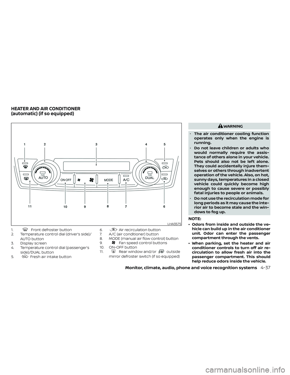 NISSAN TITAN 2022 Owners Manual 1.Front defroster button
2. Temperature control dial (driver’s side)/
AUTO button
3. Display screen
4. Temperature control dial (passenger’s
side)/DUAL button
5.
Fresh air intake button 6.
Air rec NISSAN TITAN 2022 Owners Manual 1.Front defroster button
2. Temperature control dial (driver’s side)/
AUTO button
3. Display screen
4. Temperature control dial (passenger’s
side)/DUAL button
5.
Fresh air intake button 6.
Air rec