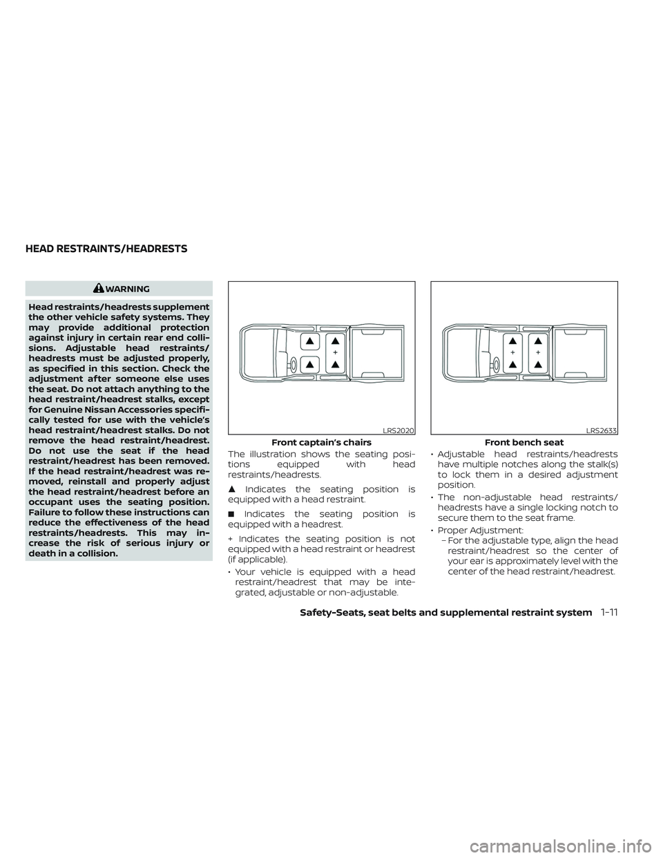 NISSAN TITAN 2022 Owners Guide WARNING
Head restraints/headrests supplement
the other vehicle safety systems. They
may provide additional protection
against injury in certain rear end colli-
sions. Adjustable head restraints/
headr NISSAN TITAN 2022 Owners Guide WARNING
Head restraints/headrests supplement
the other vehicle safety systems. They
may provide additional protection
against injury in certain rear end colli-
sions. Adjustable head restraints/
headr