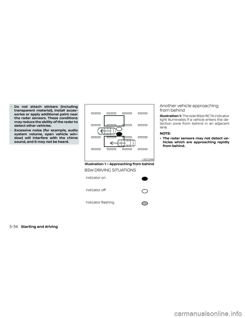 NISSAN TITAN 2022 Owners Manual •Do not attach stickers (including
transparent material), install acces-
sories or apply additional paint near
the radar sensors. These conditions
may reduce the ability of the radar to
detect other NISSAN TITAN 2022 Owners Manual •Do not attach stickers (including
transparent material), install acces-
sories or apply additional paint near
the radar sensors. These conditions
may reduce the ability of the radar to
detect other