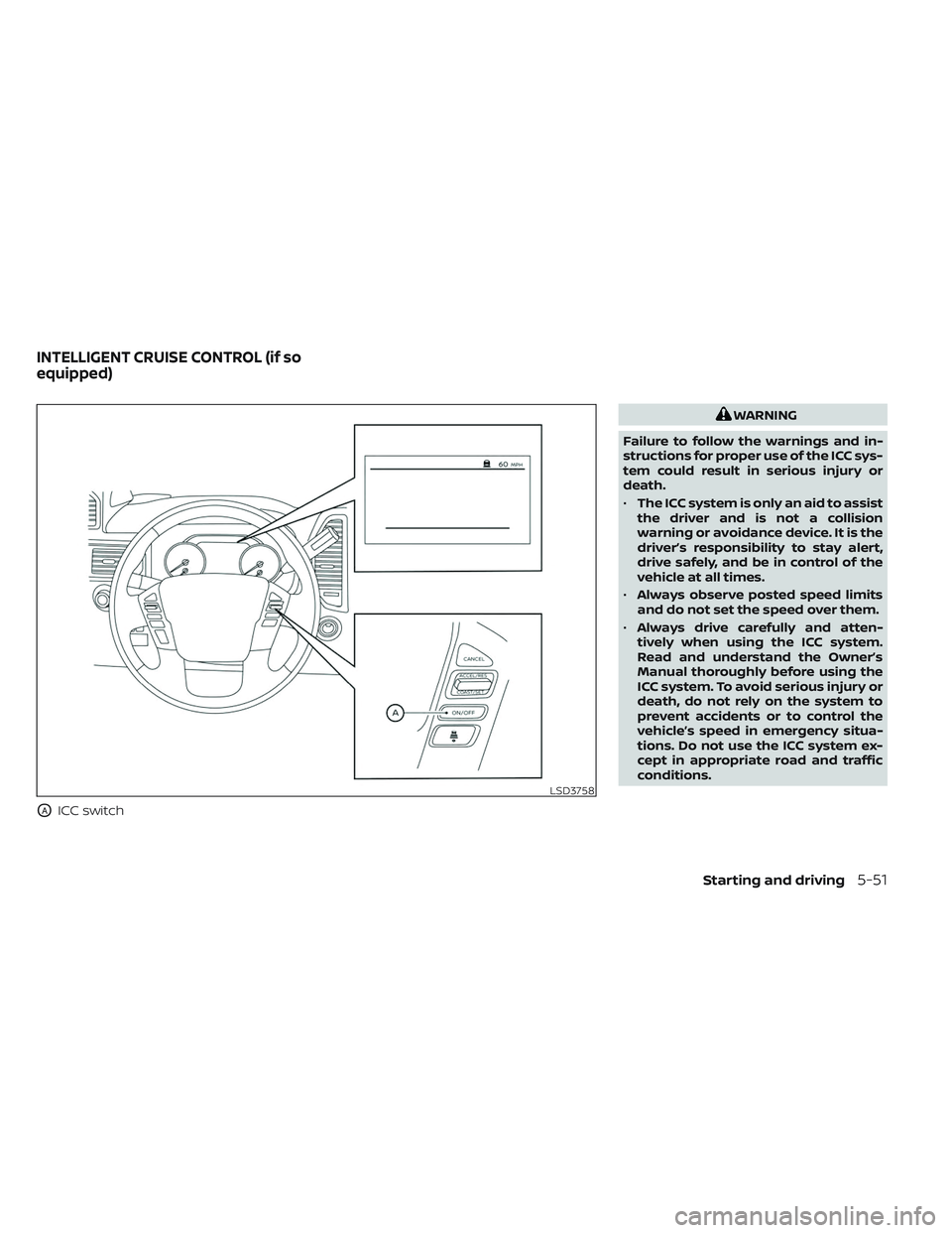 NISSAN TITAN 2022 Owners Manual OAICC switch
WARNING
Failure to follow the warnings and in-
structions for proper use of the ICC sys-
tem could result in serious injury or
death.
• The ICC system is only an aid to assist
the drive NISSAN TITAN 2022 Owners Manual OAICC switch
WARNING
Failure to follow the warnings and in-
structions for proper use of the ICC sys-
tem could result in serious injury or
death.
• The ICC system is only an aid to assist
the drive