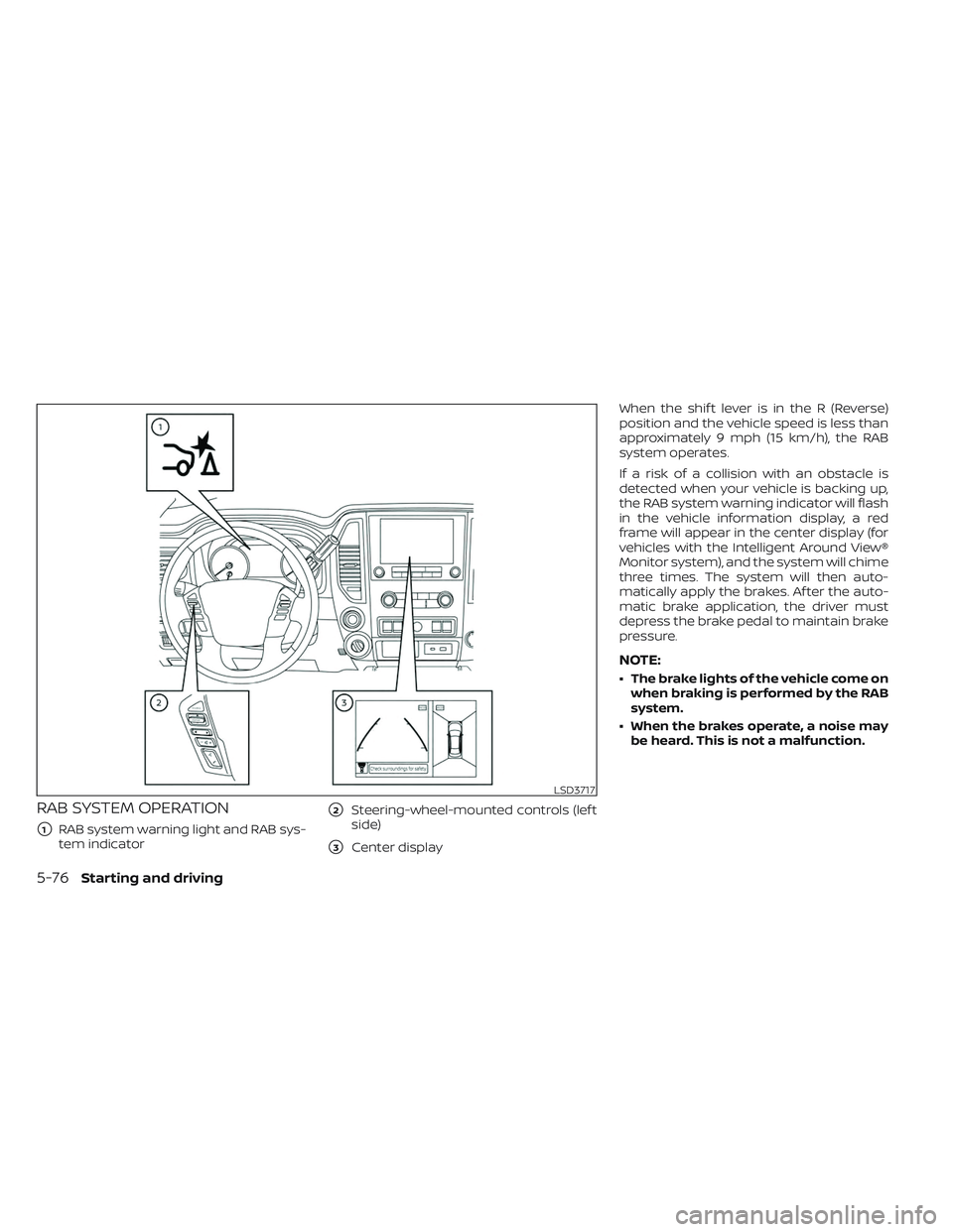NISSAN TITAN 2022  Owners Manual RAB SYSTEM OPERATION
1RAB system warning light and RAB sys-
tem indicator
2Steering-wheel-mounted controls (lef t
side)
3Center display When the shif t lever is in the R (Reverse)
position and the 