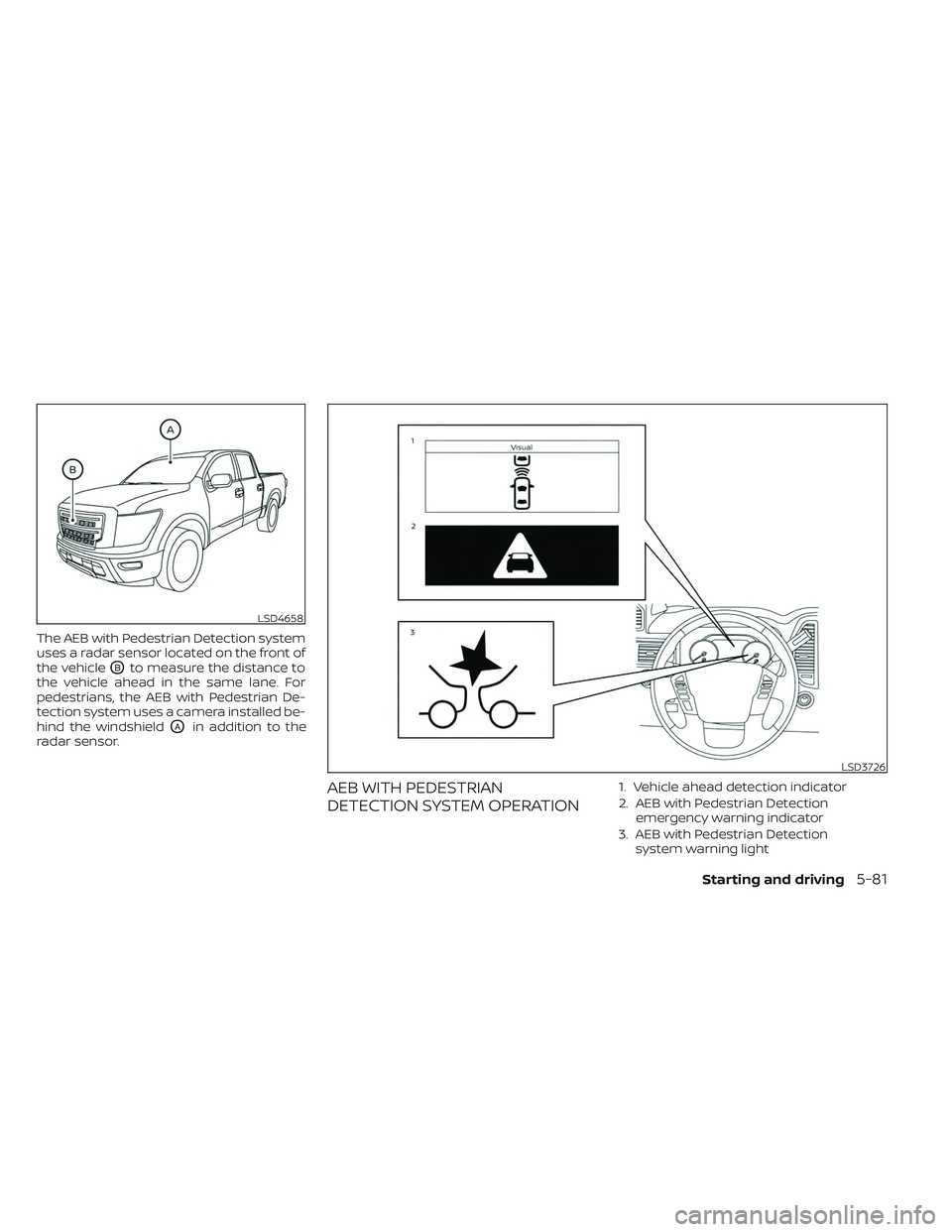 NISSAN TITAN 2022  Owners Manual The AEB with Pedestrian Detection system
uses a radar sensor located on the front of
the vehicle
OBto measure the distance to
the vehicle ahead in the same lane. For
pedestrians, the AEB with Pedestri