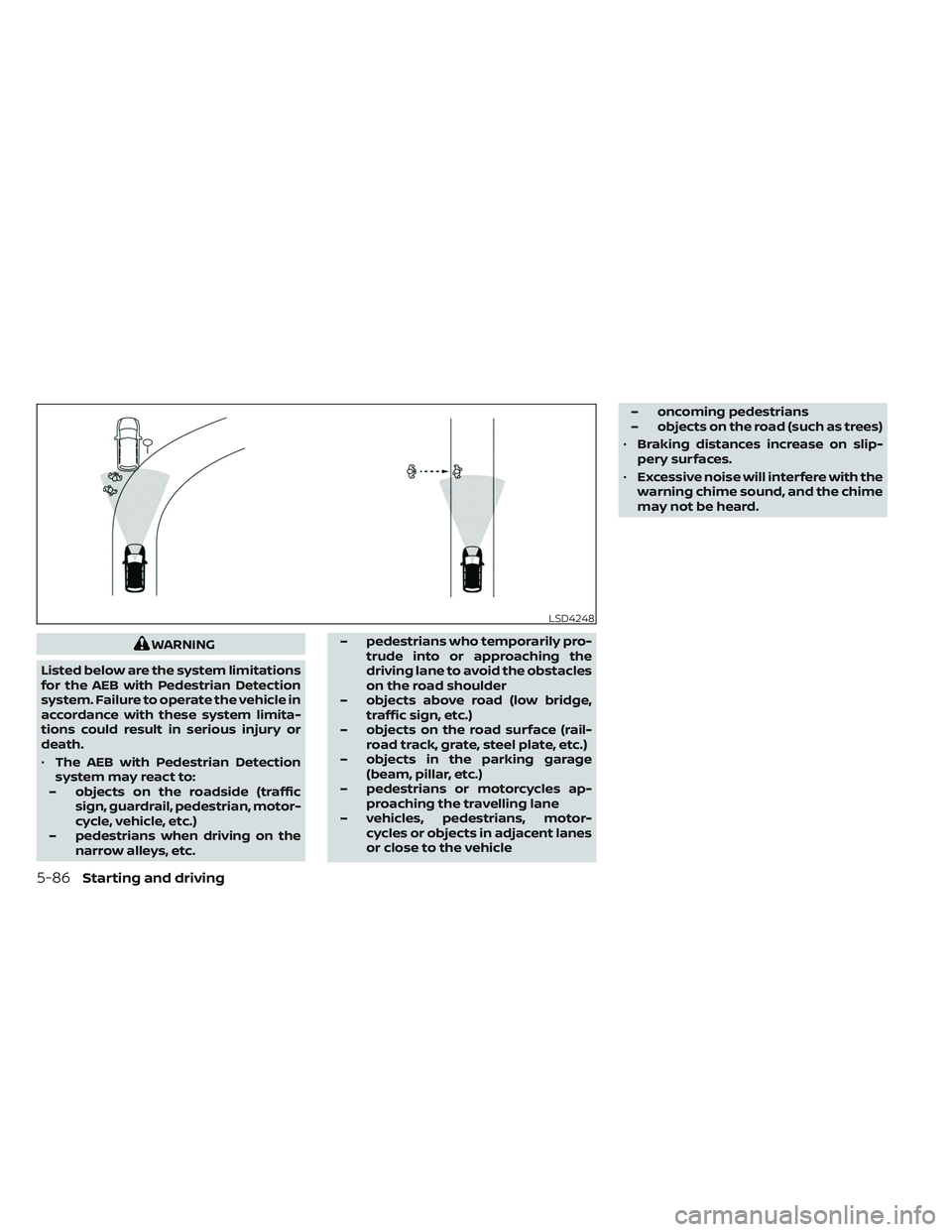 NISSAN TITAN 2022 Owners Manual WARNING
Listed below are the system limitations
for the AEB with Pedestrian Detection
system. Failure to operate the vehicle in
accordance with these system limita-
tions could result in serious injur NISSAN TITAN 2022 Owners Manual WARNING
Listed below are the system limitations
for the AEB with Pedestrian Detection
system. Failure to operate the vehicle in
accordance with these system limita-
tions could result in serious injur