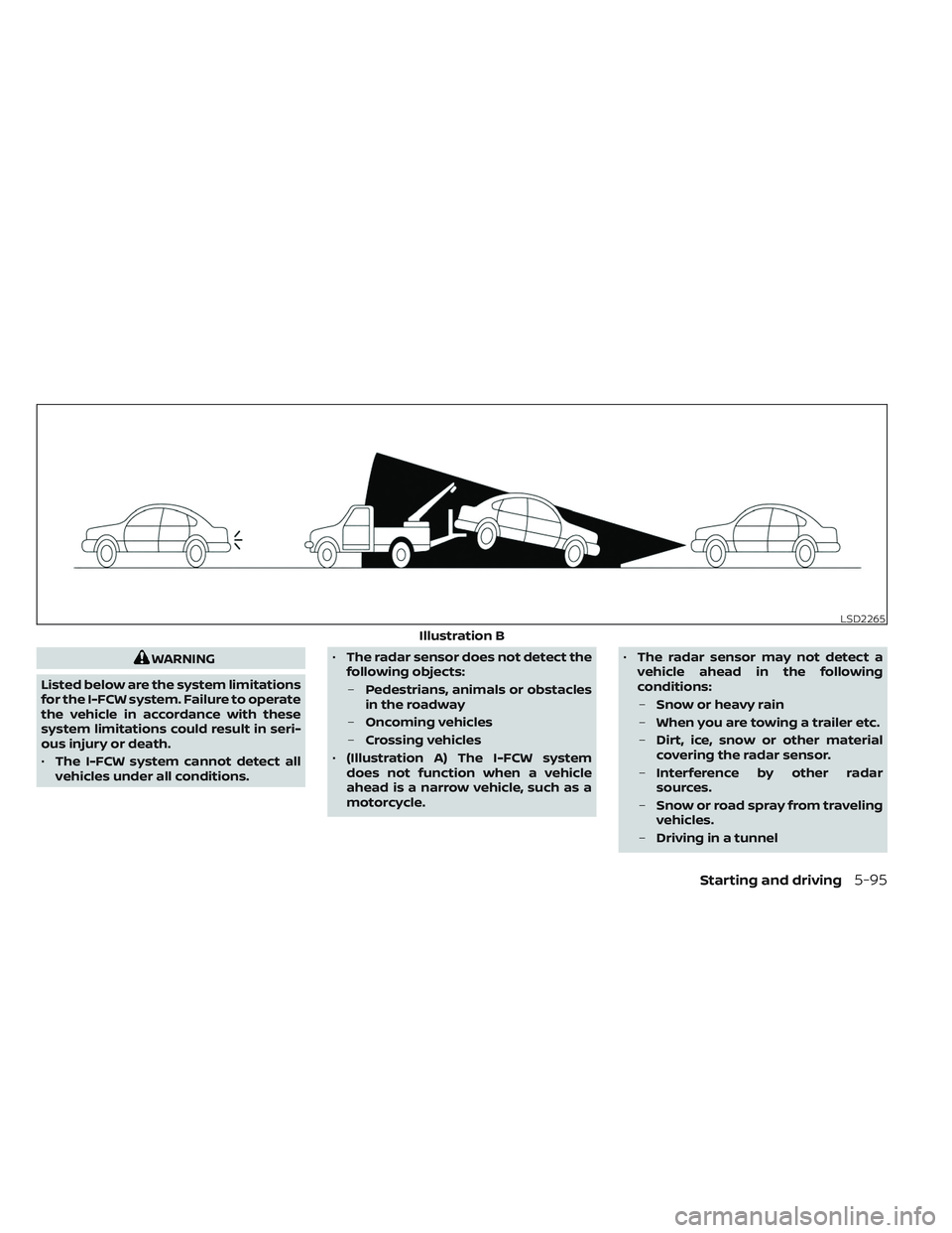 NISSAN TITAN 2022 Owners Manual WARNING
Listed below are the system limitations
for the I-FCW system. Failure to operate
the vehicle in accordance with these
system limitations could result in seri-
ous injury or death.
• The I-FC NISSAN TITAN 2022 Owners Manual WARNING
Listed below are the system limitations
for the I-FCW system. Failure to operate
the vehicle in accordance with these
system limitations could result in seri-
ous injury or death.
• The I-FC