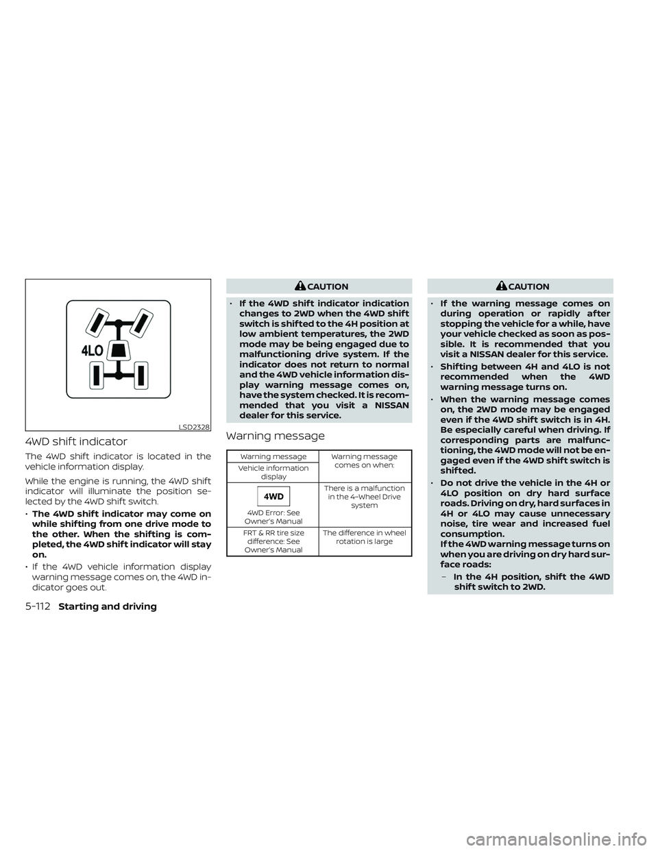 NISSAN TITAN 2022 Owners Manual 4WD shif t indicator
The 4WD shif t indicator is located in the
vehicle information display.
While the engine is running, the 4WD shif t
indicator will illuminate the position se-
lected by the 4WD sh NISSAN TITAN 2022 Owners Manual 4WD shif t indicator
The 4WD shif t indicator is located in the
vehicle information display.
While the engine is running, the 4WD shif t
indicator will illuminate the position se-
lected by the 4WD sh