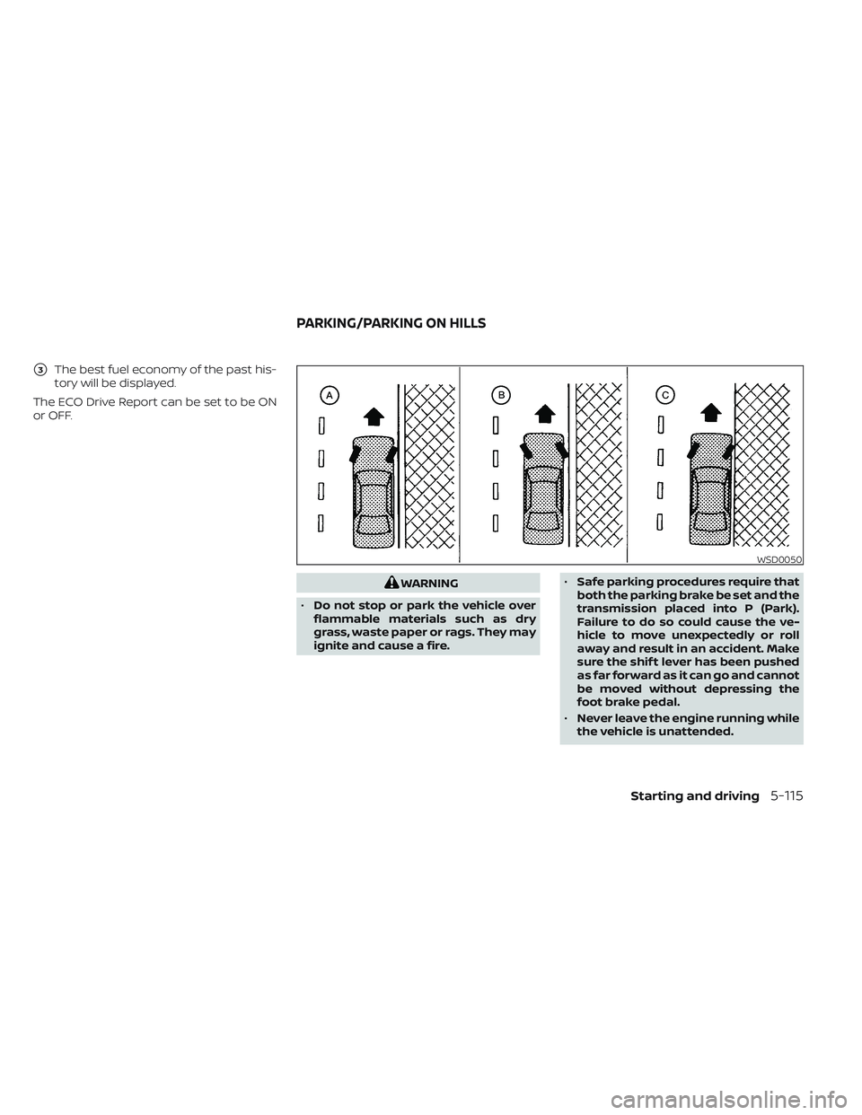 NISSAN TITAN 2022  Owners Manual 3The best fuel economy of the past his-
tory will be displayed.
The ECO Drive Report can be set to be ON
or OFF.
WARNING
• Do not stop or park the vehicle over
flammable materials such as dry
grass