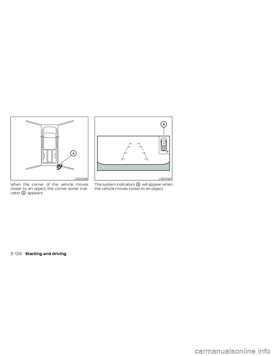 NISSAN TITAN 2022 Owners Manual When the corner of the vehicle moves
closer to an object, the corner sonar indi-
cator
OAappears.The system indicators
OAwill appear when
the vehicle moves closer to an object.
LSD2466LSD2467
5-126Sta NISSAN TITAN 2022 Owners Manual When the corner of the vehicle moves
closer to an object, the corner sonar indi-
cator
OAappears.The system indicators
OAwill appear when
the vehicle moves closer to an object.
LSD2466LSD2467
5-126Sta