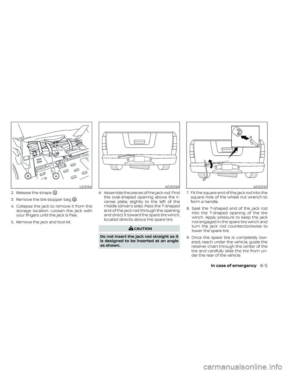 NISSAN TITAN 2022  Owners Manual 2. Release the strapsOA.
3. Remove the tire stopper bag
OB.
4. Collapse the jack to remove it from the storage location. Loosen the jack with
your fingers until the jack is free.
5. Remove the jack an