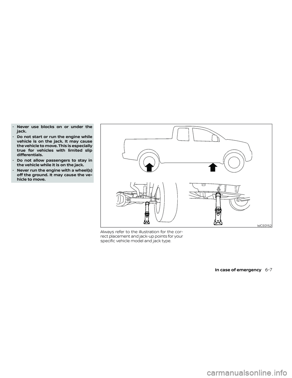 NISSAN TITAN 2022 Owners Manual •Never use blocks on or under the
jack.
• Do not start or run the engine while
vehicle is on the jack. It may cause
the vehicle to move. This is especially
true for vehicles with limited slip
diff NISSAN TITAN 2022 Owners Manual •Never use blocks on or under the
jack.
• Do not start or run the engine while
vehicle is on the jack. It may cause
the vehicle to move. This is especially
true for vehicles with limited slip
diff