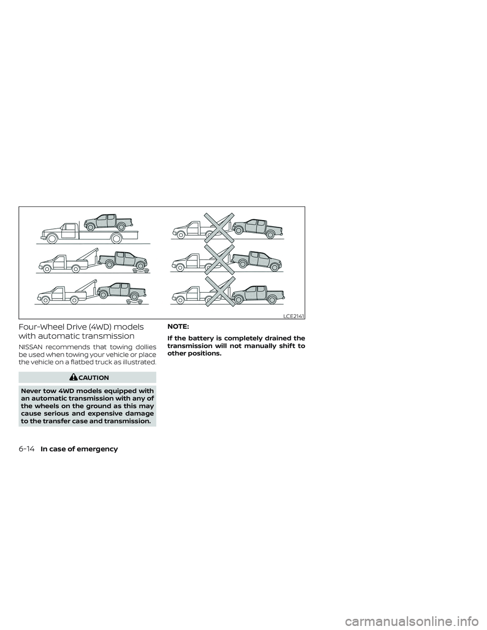 NISSAN TITAN 2022 Owners Manual Four-Wheel Drive (4WD) models
with automatic transmission
NISSAN recommends that towing dollies
be used when towing your vehicle or place
the vehicle on a flatbed truck as illustrated.
CAUTION
Never t NISSAN TITAN 2022 Owners Manual Four-Wheel Drive (4WD) models
with automatic transmission
NISSAN recommends that towing dollies
be used when towing your vehicle or place
the vehicle on a flatbed truck as illustrated.
CAUTION
Never t