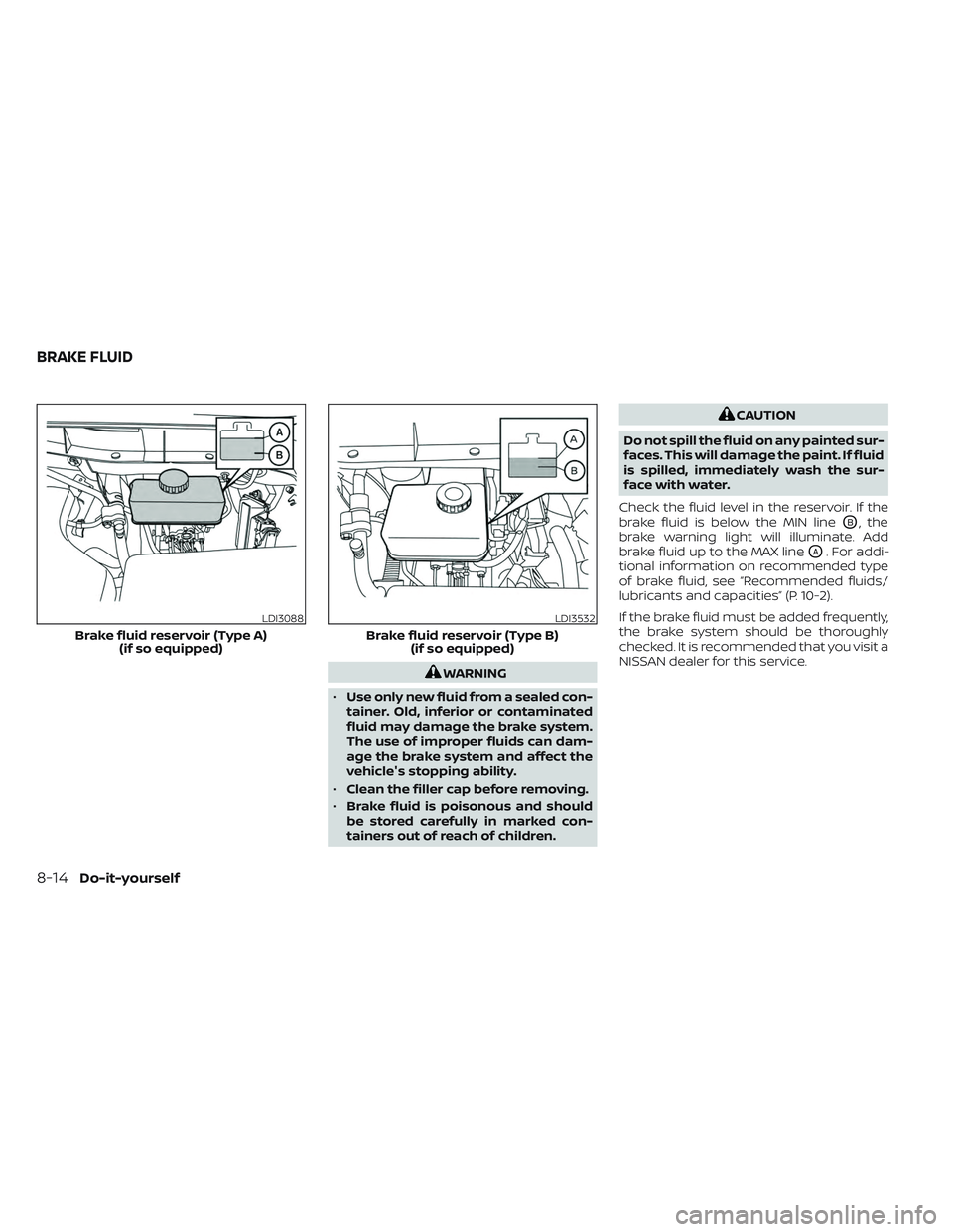 NISSAN TITAN 2022 Owners Manual WARNING
• Use only new fluid from a sealed con-
tainer. Old, inferior or contaminated
fluid may damage the brake system.
The use of improper fluids can dam-
age the brake system and affect the
vehic NISSAN TITAN 2022 Owners Manual WARNING
• Use only new fluid from a sealed con-
tainer. Old, inferior or contaminated
fluid may damage the brake system.
The use of improper fluids can dam-
age the brake system and affect the
vehic