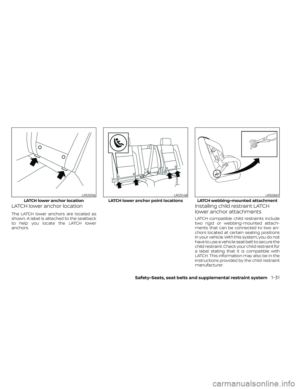 NISSAN TITAN 2022 Workshop Manual LATCH lower anchor location
The LATCH lower anchors are located as
shown. A label is attached to the seatback
to help you locate the LATCH lower
anchors.
Installing child restraint LATCH
lower anchor NISSAN TITAN 2022 Workshop Manual LATCH lower anchor location
The LATCH lower anchors are located as
shown. A label is attached to the seatback
to help you locate the LATCH lower
anchors.
Installing child restraint LATCH
lower anchor