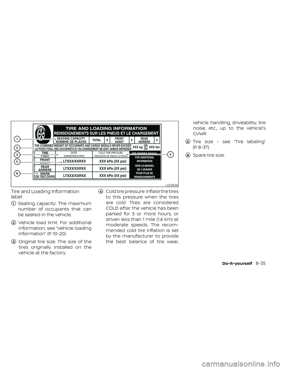 NISSAN TITAN 2022  Owners Manual Tire and Loading Information
label
1Seating capacity: The maximum
number of occupants that can
be seated in the vehicle.
2Vehicle load limit: For additional
information, see “Vehicle loading
infor