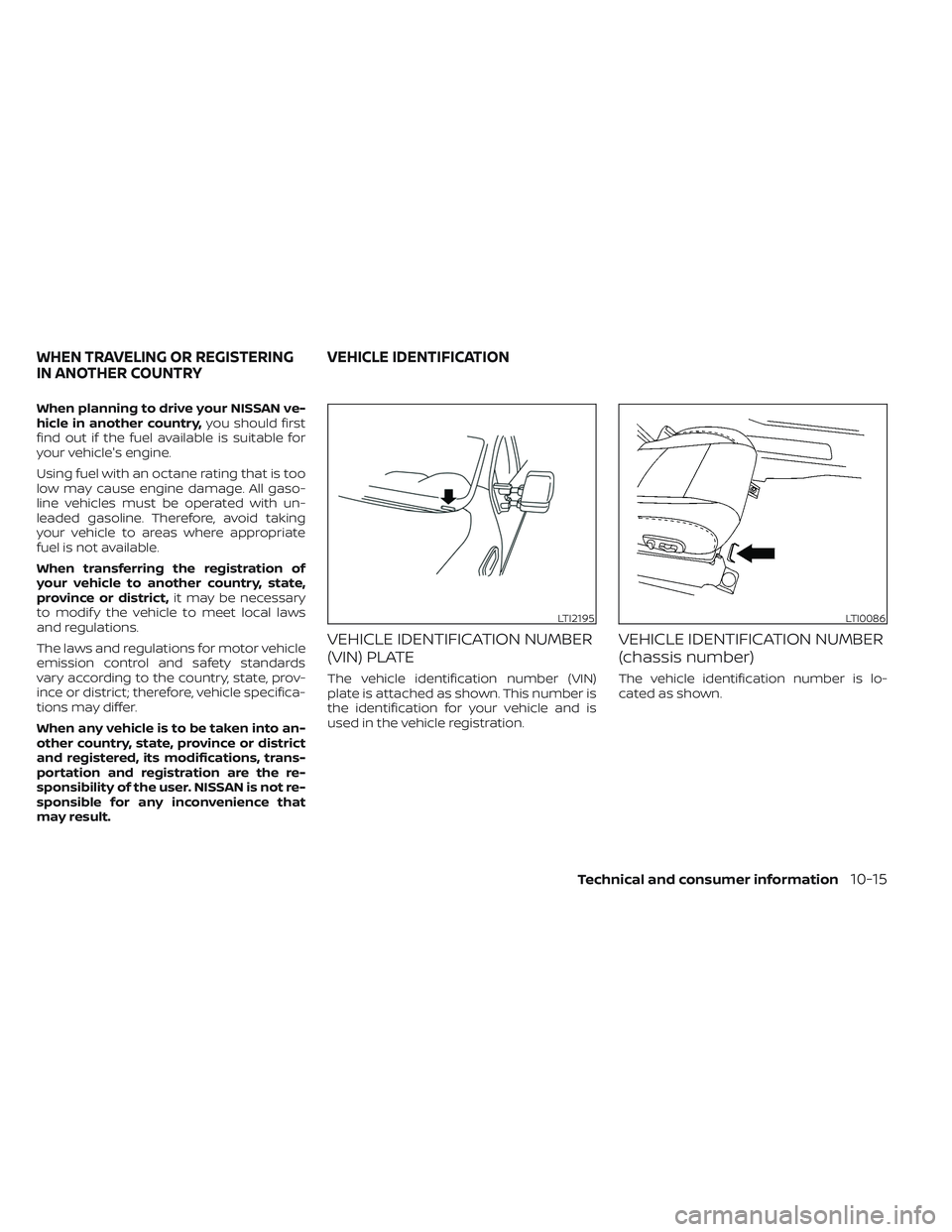 NISSAN TITAN 2022 Owners Manual When planning to drive your NISSAN ve-
hicle in another country,you should first
find out if the fuel available is suitable for
your vehicle's engine.
Using fuel with an octane rating that is too
NISSAN TITAN 2022 Owners Manual When planning to drive your NISSAN ve-
hicle in another country,you should first
find out if the fuel available is suitable for
your vehicle's engine.
Using fuel with an octane rating that is too