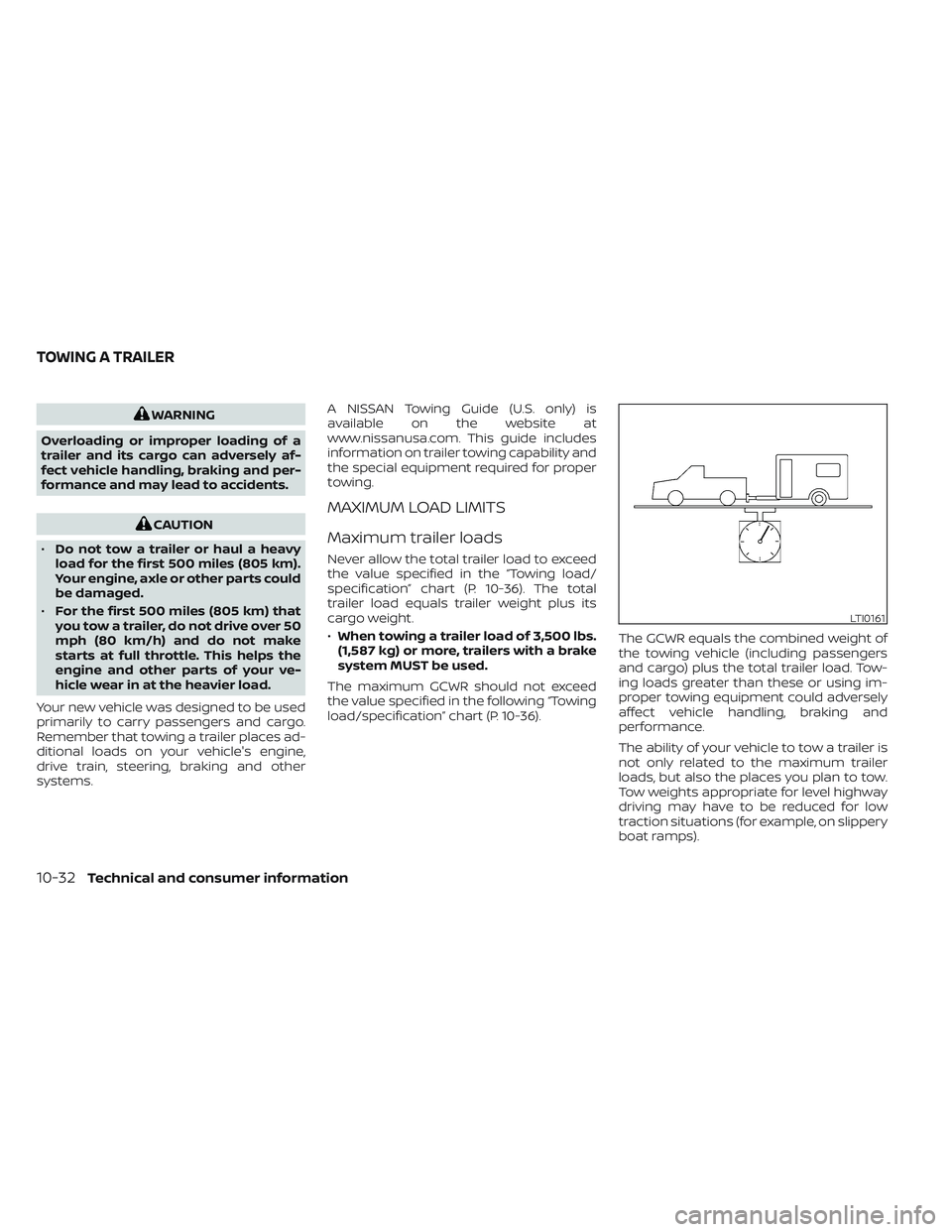 NISSAN TITAN 2022 Owners Manual WARNING
Overloading or improper loading of a
trailer and its cargo can adversely af-
fect vehicle handling, braking and per-
formance and may lead to accidents.
CAUTION
• Do not tow a trailer or hau NISSAN TITAN 2022 Owners Manual WARNING
Overloading or improper loading of a
trailer and its cargo can adversely af-
fect vehicle handling, braking and per-
formance and may lead to accidents.
CAUTION
• Do not tow a trailer or hau