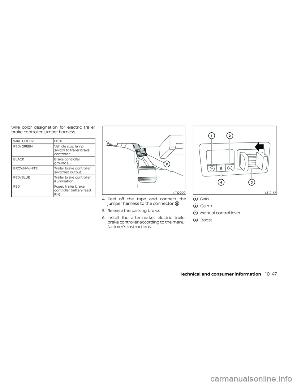 NISSAN TITAN 2022 Owners Manual Wire color designation for electric trailer
brake controller jumper harness.
WIRE COLORNOTE
RED/GREEN Vehicle stop lamp
switch to trailer brake
controller.
BLACK Brake controller
ground (-).
BROWN/WHI NISSAN TITAN 2022 Owners Manual Wire color designation for electric trailer
brake controller jumper harness.
WIRE COLORNOTE
RED/GREEN Vehicle stop lamp
switch to trailer brake
controller.
BLACK Brake controller
ground (-).
BROWN/WHI