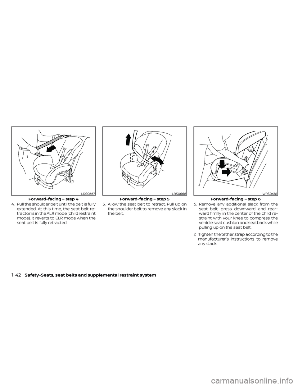 NISSAN TITAN 2022 Repair Manual 4. Pull the shoulder belt until the belt is fullyextended. At this time, the seat belt re-
tractor is in the ALR mode (child restraint
mode). It reverts to ELR mode when the
seat belt is fully retract NISSAN TITAN 2022 Repair Manual 4. Pull the shoulder belt until the belt is fullyextended. At this time, the seat belt re-
tractor is in the ALR mode (child restraint
mode). It reverts to ELR mode when the
seat belt is fully retract
