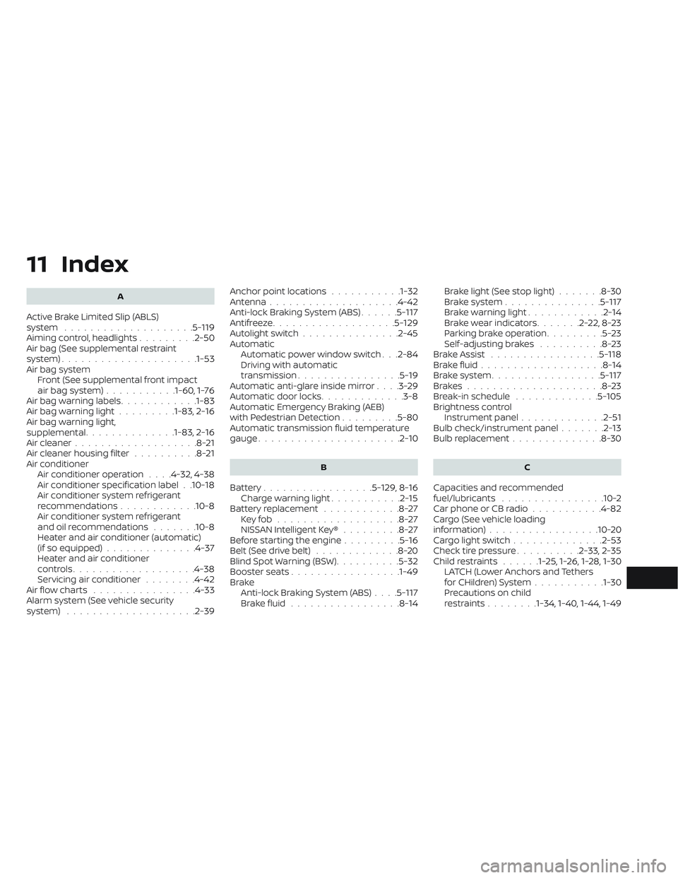 NISSAN TITAN 2022 Owners Manual 11 Index
A
Active Brake Limited Slip (ABLS)
system....................5-119Aiming control, headlights.........2-50Air bag (See supplemental restraint
system).....................1-53Air bag system
Fro NISSAN TITAN 2022 Owners Manual 11 Index
A
Active Brake Limited Slip (ABLS)
system....................5-119Aiming control, headlights.........2-50Air bag (See supplemental restraint
system).....................1-53Air bag system
Fro