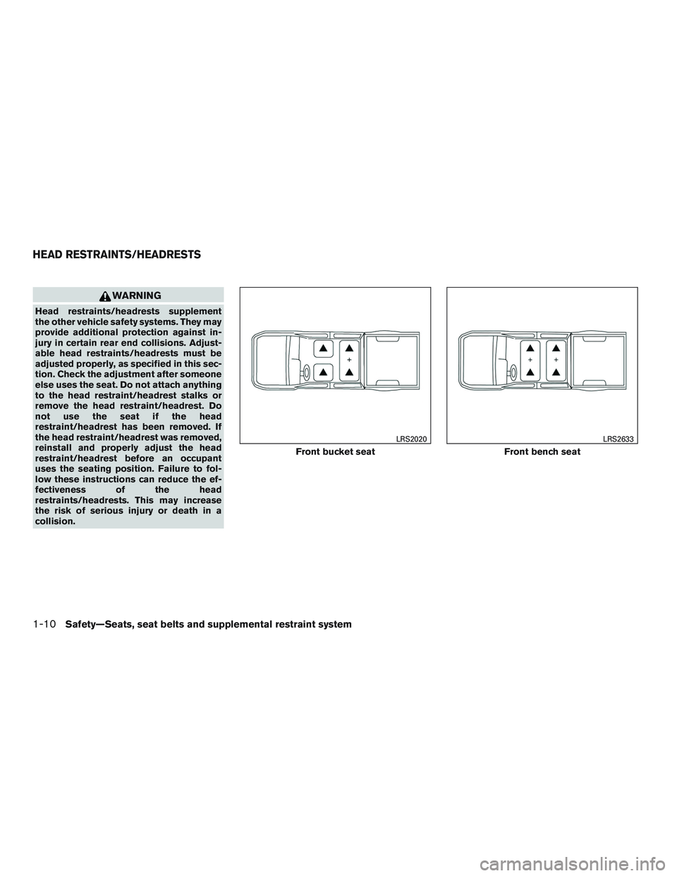 NISSAN TITAN XD 2017 Owners Guide WARNING
Head restraints/headrests supplement
the other vehicle safety systems. They may
provide additional protection against in-
jury in certain rear end collisions. Adjust-
able head restraints/head