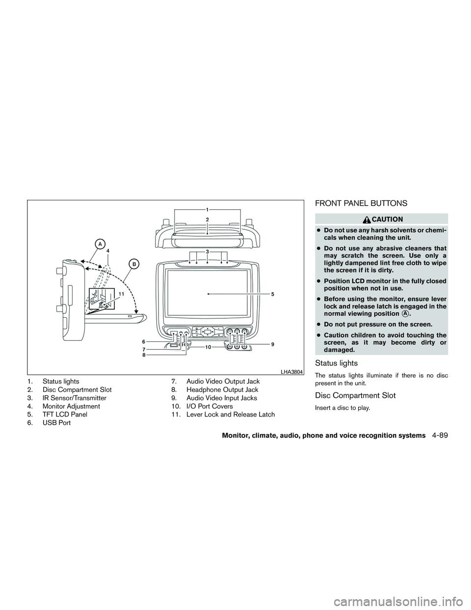 NISSAN TITAN XD 2017  Owners Manual 1. Status lights
2. Disc Compartment Slot
3. IR Sensor/Transmitter
4. Monitor Adjustment
5. TFT LCD Panel
6. USB Port7. Audio Video Output Jack
8. Headphone Output Jack
9. Audio Video Input Jacks
10. 