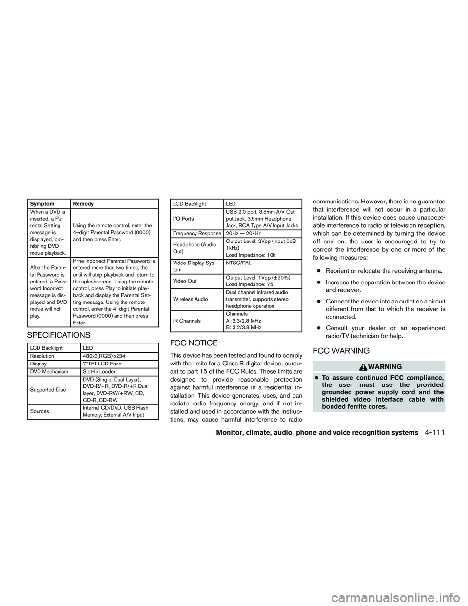 NISSAN TITAN XD 2017 Owners Manual Symptom Remedy
When a DVD is
inserted, a Pa-
rental Setting
message is
displayed, pro-
hibiting DVD
movie playback.Using the remote control, enter the
4–digit Parental Password (0000)
and then press NISSAN TITAN XD 2017 Owners Manual Symptom Remedy
When a DVD is
inserted, a Pa-
rental Setting
message is
displayed, pro-
hibiting DVD
movie playback.Using the remote control, enter the
4–digit Parental Password (0000)
and then press