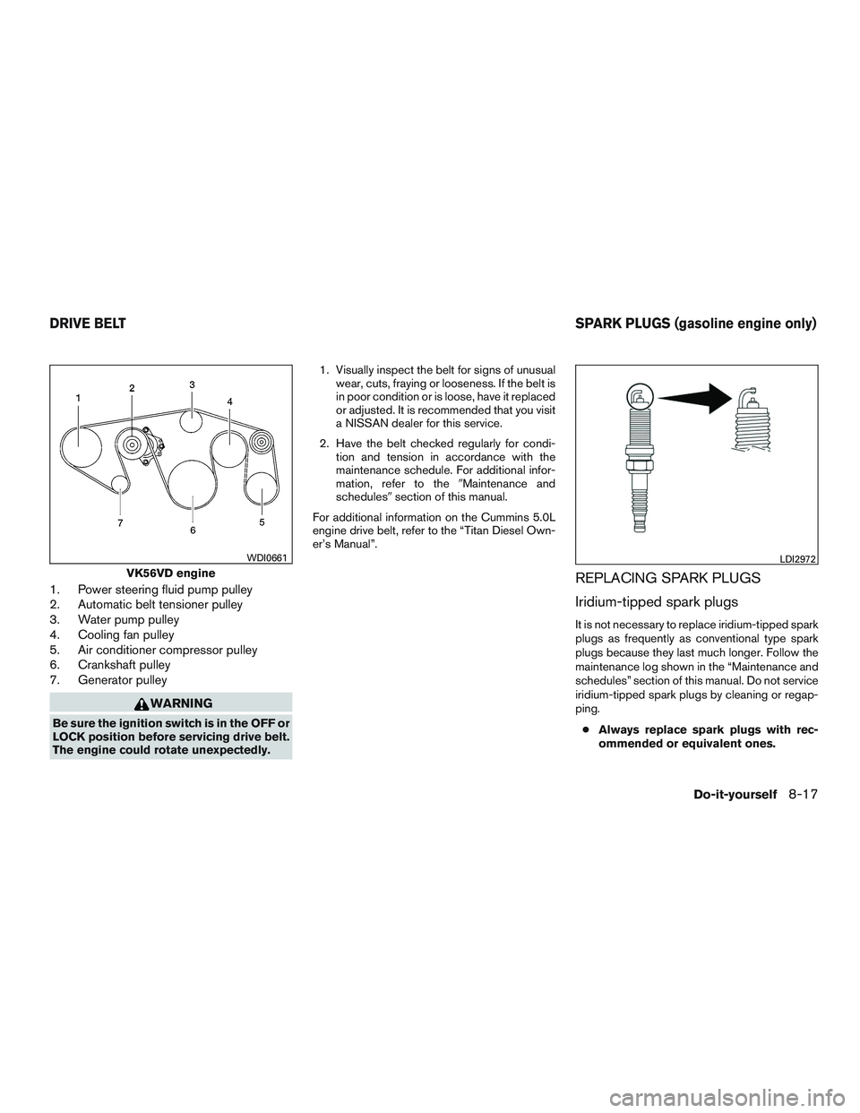 NISSAN TITAN XD 2017  Owners Manual 1. Power steering fluid pump pulley
2. Automatic belt tensioner pulley
3. Water pump pulley
4. Cooling fan pulley
5. Air conditioner compressor pulley
6. Crankshaft pulley
7. Generator pulley 