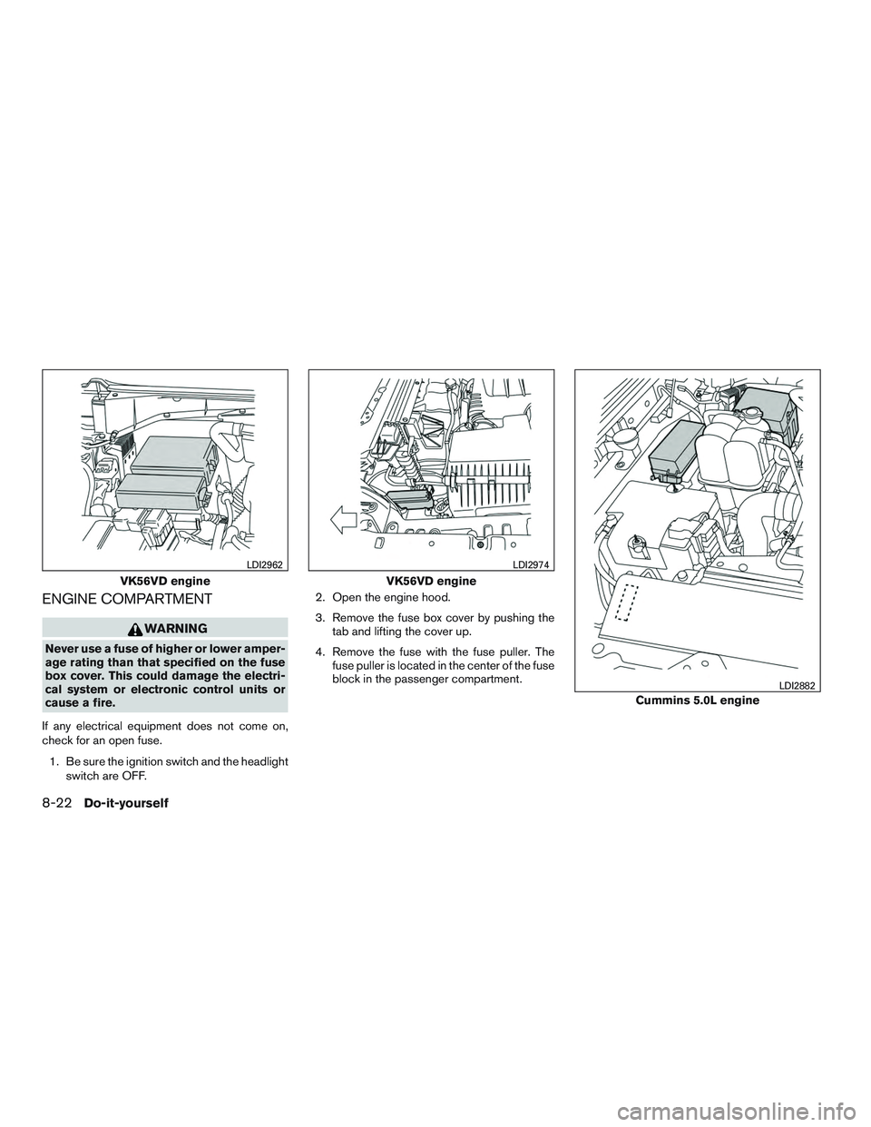 NISSAN TITAN XD 2017  Owners Manual ENGINE COMPARTMENT 