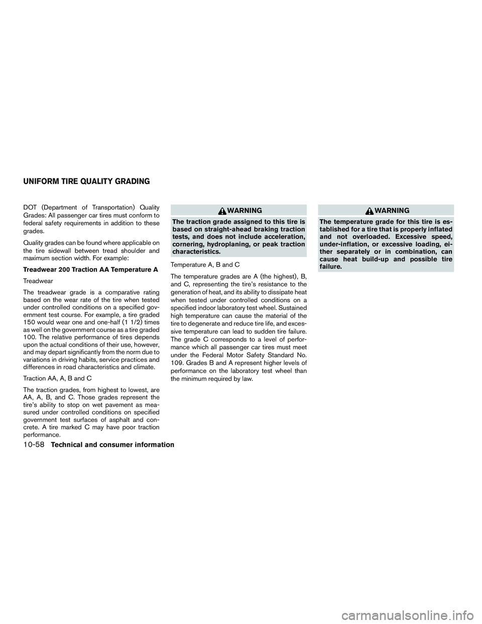 NISSAN TITAN XD 2017 Owners Manual DOT (Department of Transportation) Quality
Grades: All passenger car tires must conform to
federal safety requirements in addition to these
grades.
Quality grades can be found where applicable on
the NISSAN TITAN XD 2017 Owners Manual DOT (Department of Transportation) Quality
Grades: All passenger car tires must conform to
federal safety requirements in addition to these
grades.
Quality grades can be found where applicable on
the