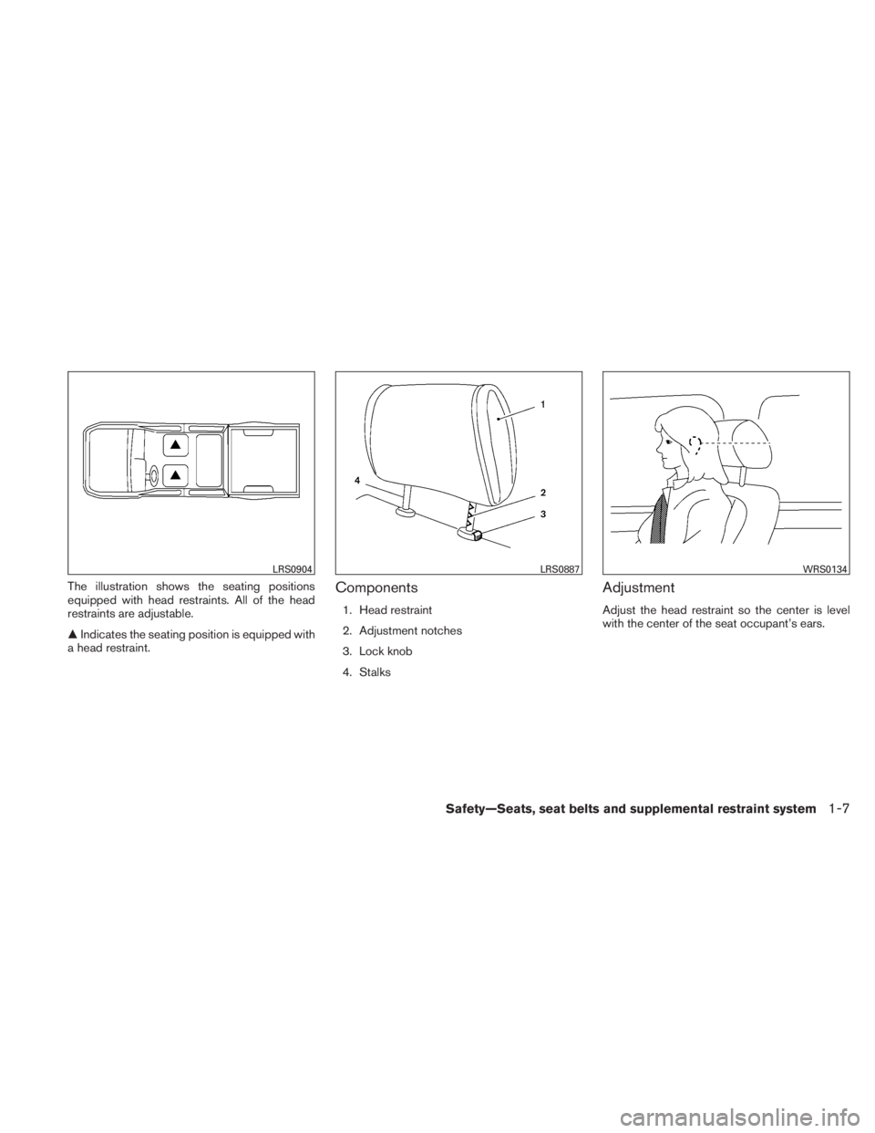 NISSAN TITAN 2011  Owners Manual The illustration shows the seating positions
equipped with head restraints. All of the head
restraints are adjustable.
Indicates the seating position is equipped with
a head restraint.Components
1. H