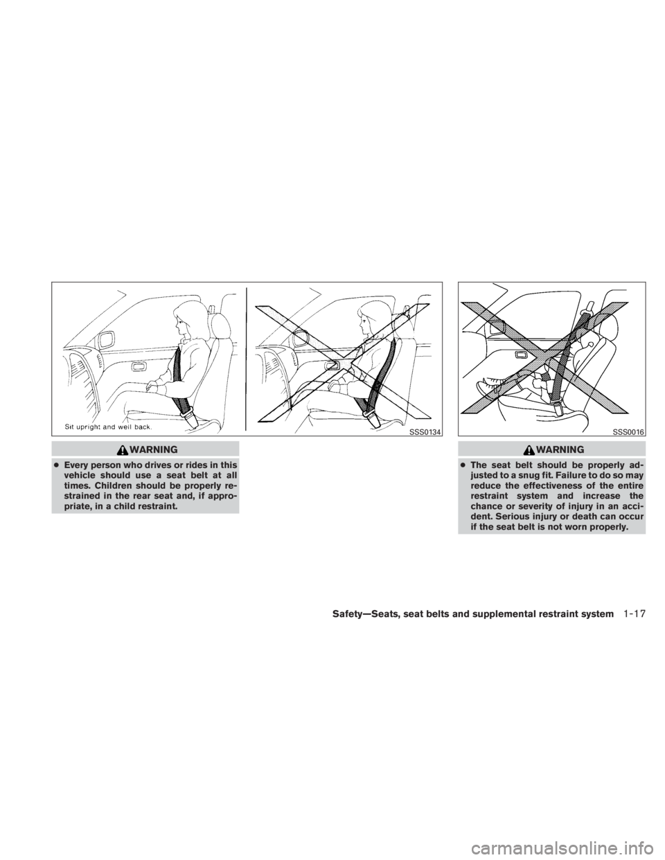 NISSAN TITAN 2011 Owners Guide WARNING
●Every person who drives or rides in this
vehicle should use a seat belt at all
times. Children should be properly re-
strained in the rear seat and, if appro-
priate, in a child restraint. 