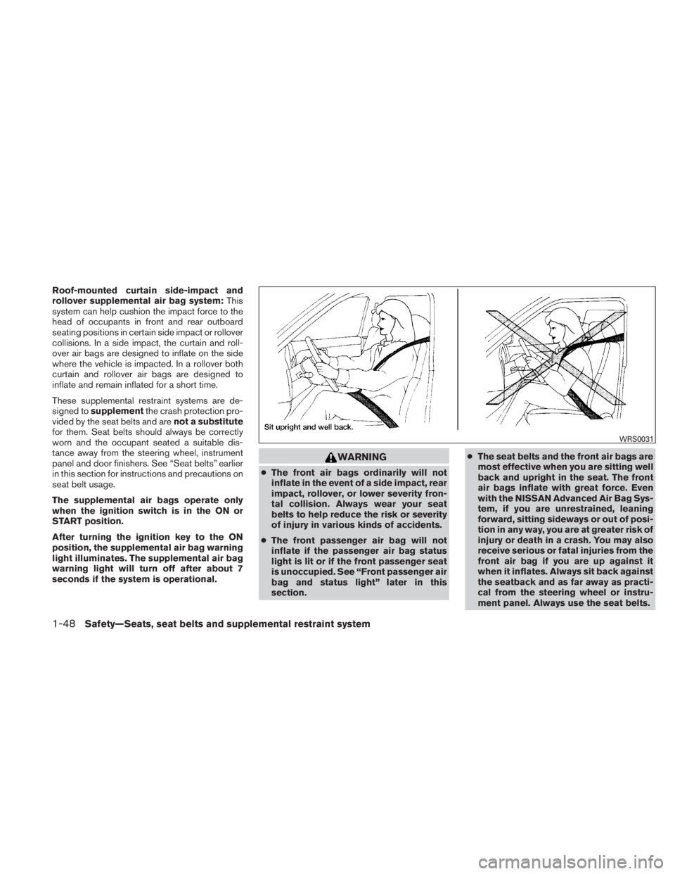 NISSAN TITAN 2011 Repair Manual Roof-mounted curtain side-impact and
rollover supplemental air bag system:This
system can help cushion the impact force to the
head of occupants in front and rear outboard
seating positions in certain NISSAN TITAN 2011 Repair Manual Roof-mounted curtain side-impact and
rollover supplemental air bag system:This
system can help cushion the impact force to the
head of occupants in front and rear outboard
seating positions in certain