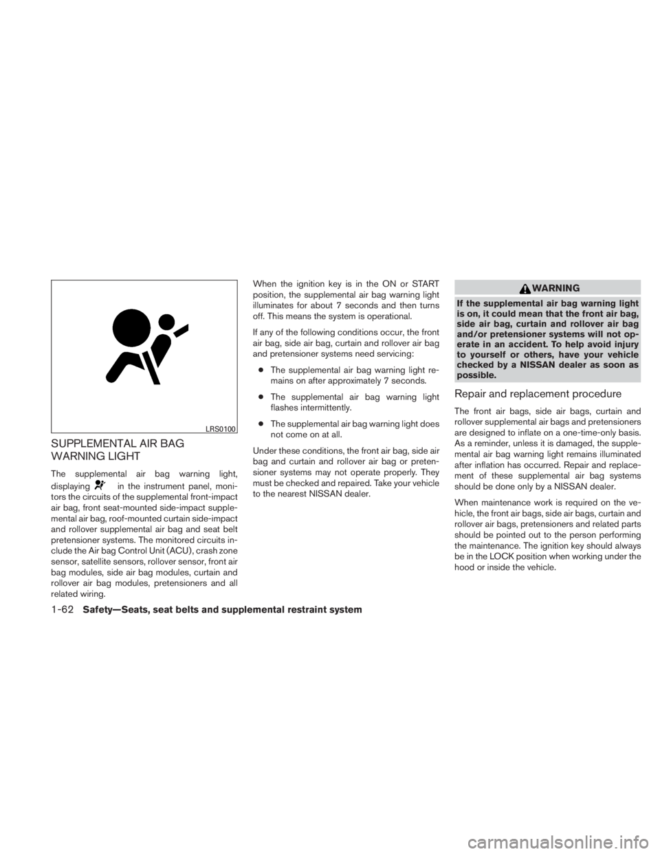 NISSAN TITAN 2011 Manual PDF SUPPLEMENTAL AIR BAG
WARNING LIGHT
The supplemental air bag warning light,
displaying 