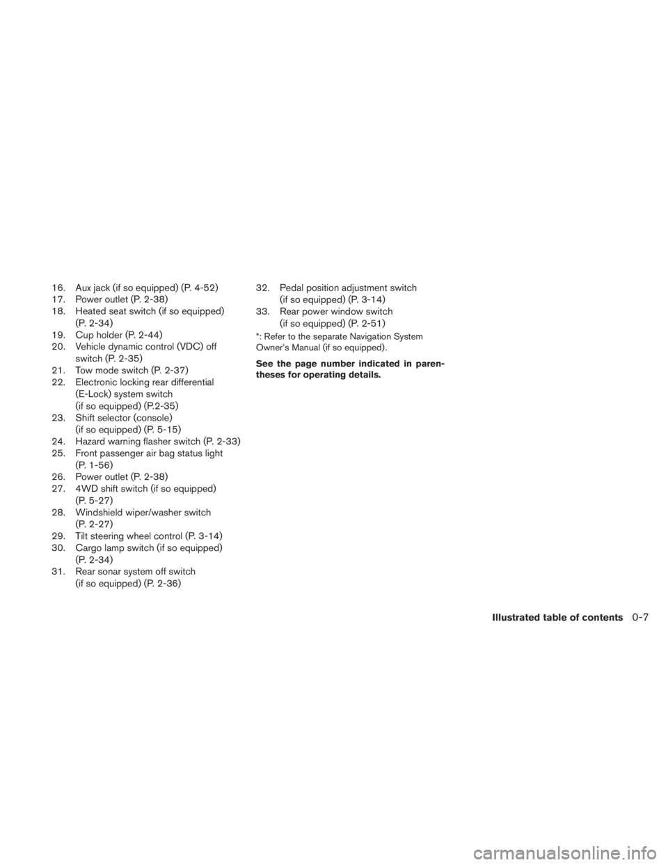 NISSAN TITAN 2010 User Guide 16. Aux jack (if so equipped) (P. 4-52)
17. Power outlet (P. 2-38)
18. Heated seat switch (if so equipped)(P. 2-34)
19. Cup holder (P. 2-44)
20. Vehicle dynamic control (VDC) off
switch (P. 2-35)
21. 
