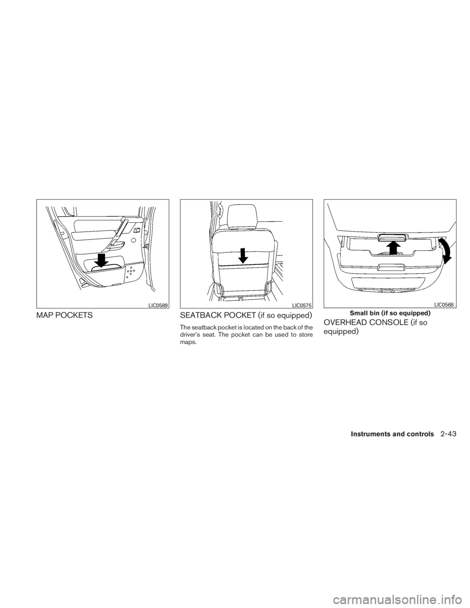 NISSAN TITAN 2010  Owners Manual MAP POCKETSSEATBACK POCKET (if so equipped)
The seatback pocket is located on the back of the
driver’s seat. The pocket can be used to store
maps.OVERHEAD CONSOLE (if so
equipped) 