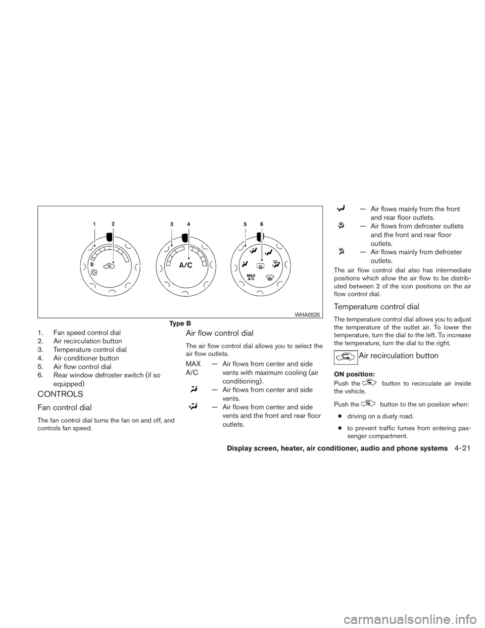 NISSAN TITAN 2010  Owners Manual 1. Fan speed control dial
2. Air recirculation button
3. Temperature control dial
4. Air conditioner button
5. Air flow control dial
6. Rear window defroster switch (if soequipped)
CONTROLS
Fan contro