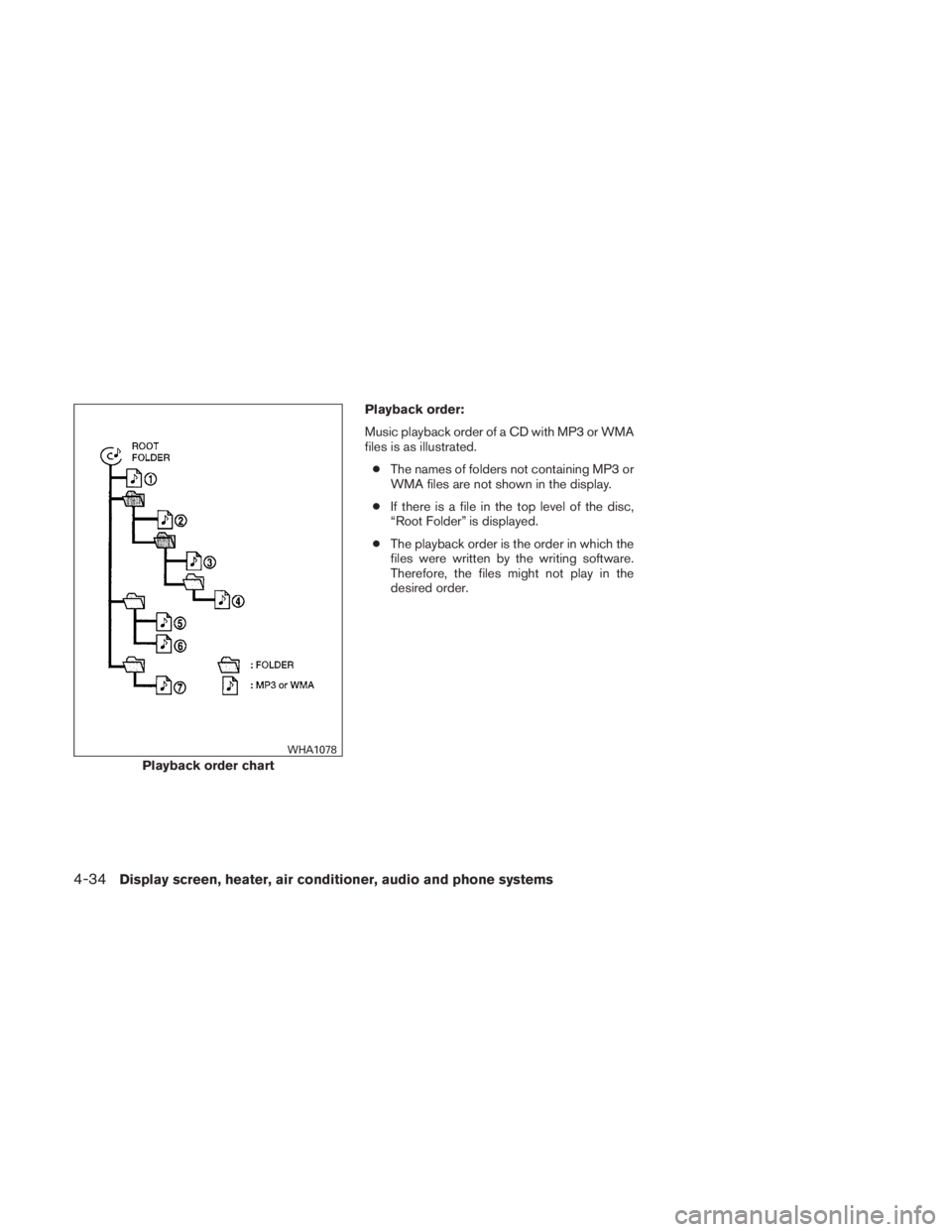 NISSAN TITAN 2010  Owners Manual Playback order:
Music playback order of a CD with MP3 or WMA
files is as illustrated.● The names of folders not containing MP3 or
WMA files are not shown in the display.
● If there is a file in th