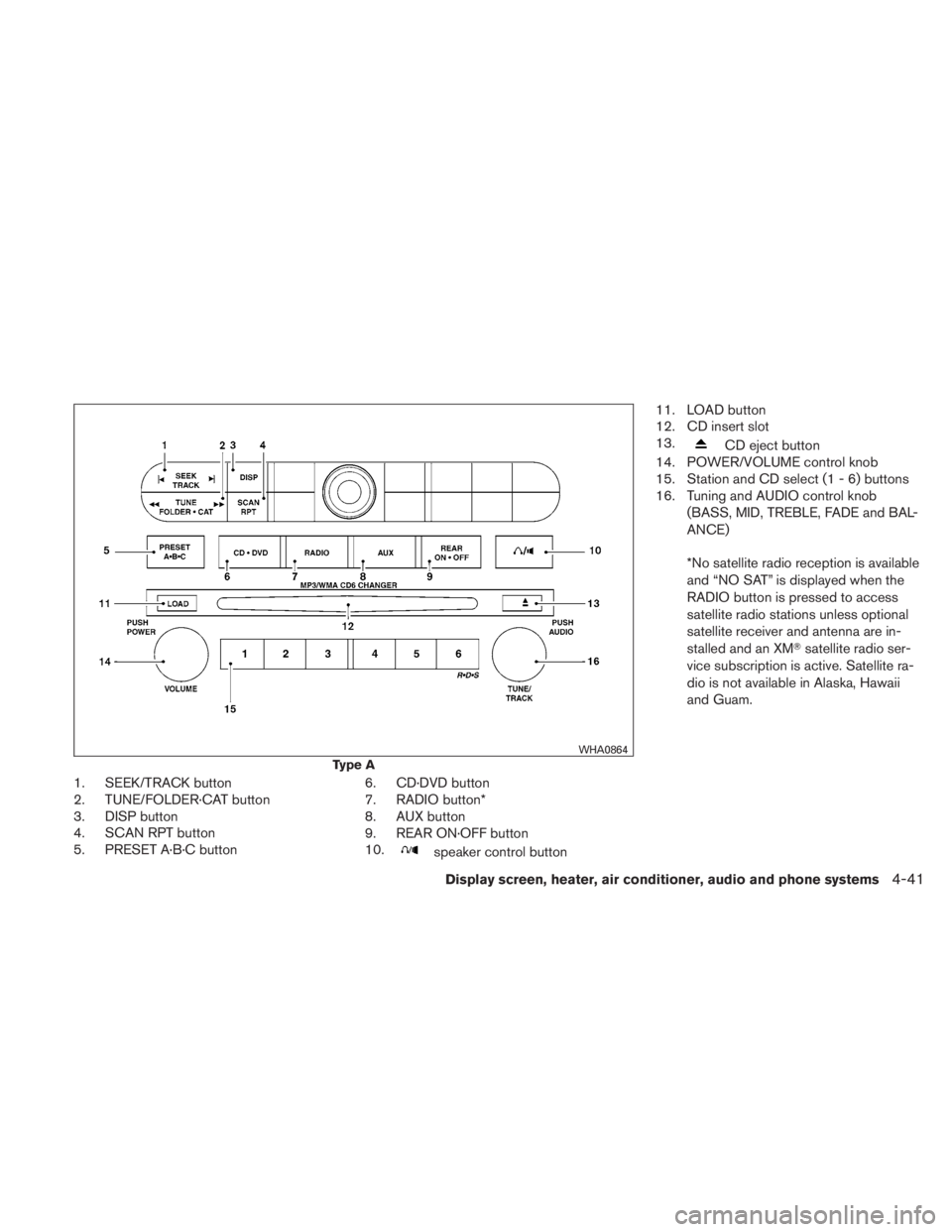 NISSAN TITAN 2010  Owners Manual 1. SEEK/TRACK button
2. TUNE/FOLDER·CAT button
3. DISP button
4. SCAN RPT button
5. PRESET A·B·C button6. CD·DVD button
7. RADIO button*
8. AUX button
9. REAR ON·OFF button
10. 