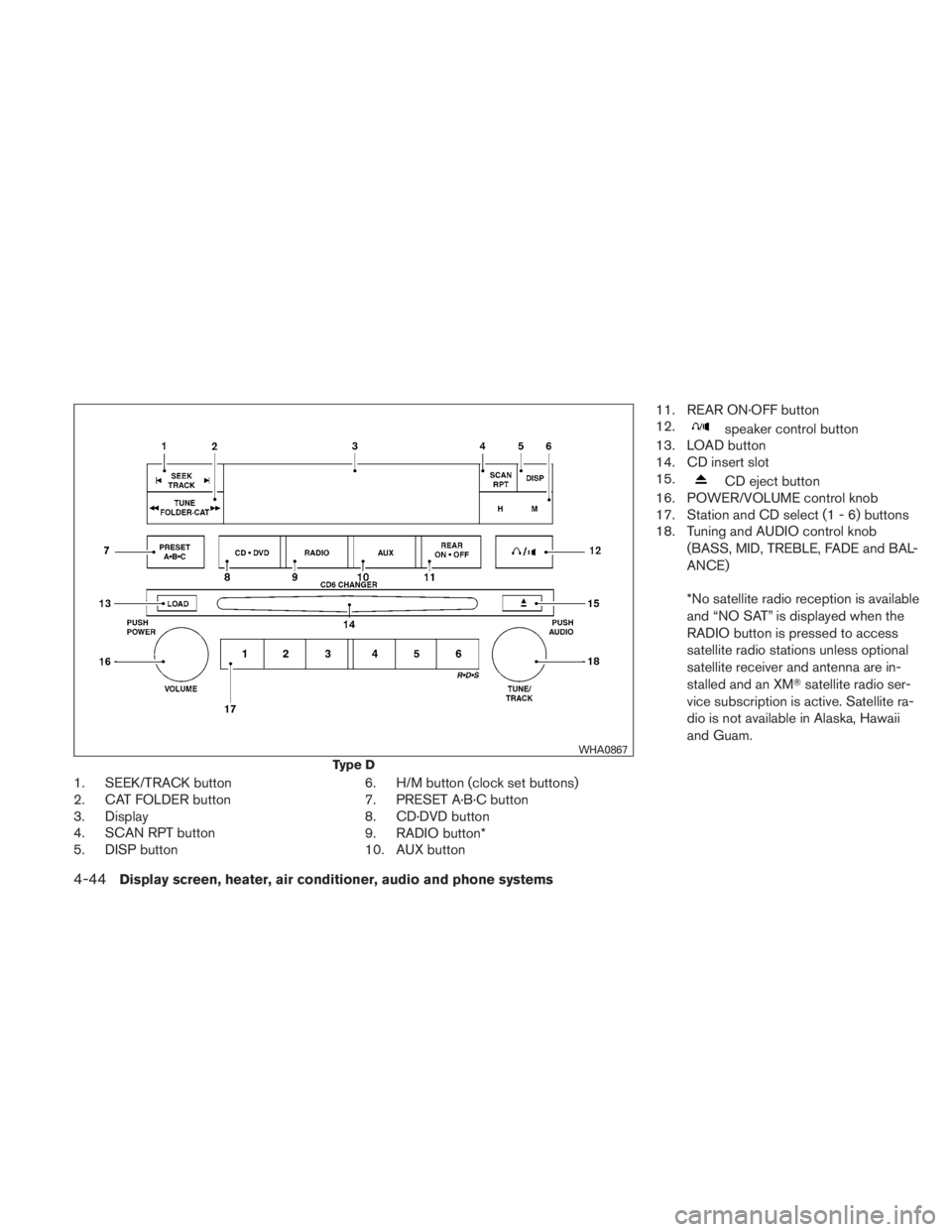 NISSAN TITAN 2010 Owners Manual 1. SEEK/TRACK button
2. CAT FOLDER button
3. Display
4. SCAN RPT button
5. DISP button6. H/M button (clock set buttons)
7. PRESET A·B·C button
8. CD·DVD button
9. RADIO button*
10. AUX button11. RE NISSAN TITAN 2010 Owners Manual 1. SEEK/TRACK button
2. CAT FOLDER button
3. Display
4. SCAN RPT button
5. DISP button6. H/M button (clock set buttons)
7. PRESET A·B·C button
8. CD·DVD button
9. RADIO button*
10. AUX button11. RE