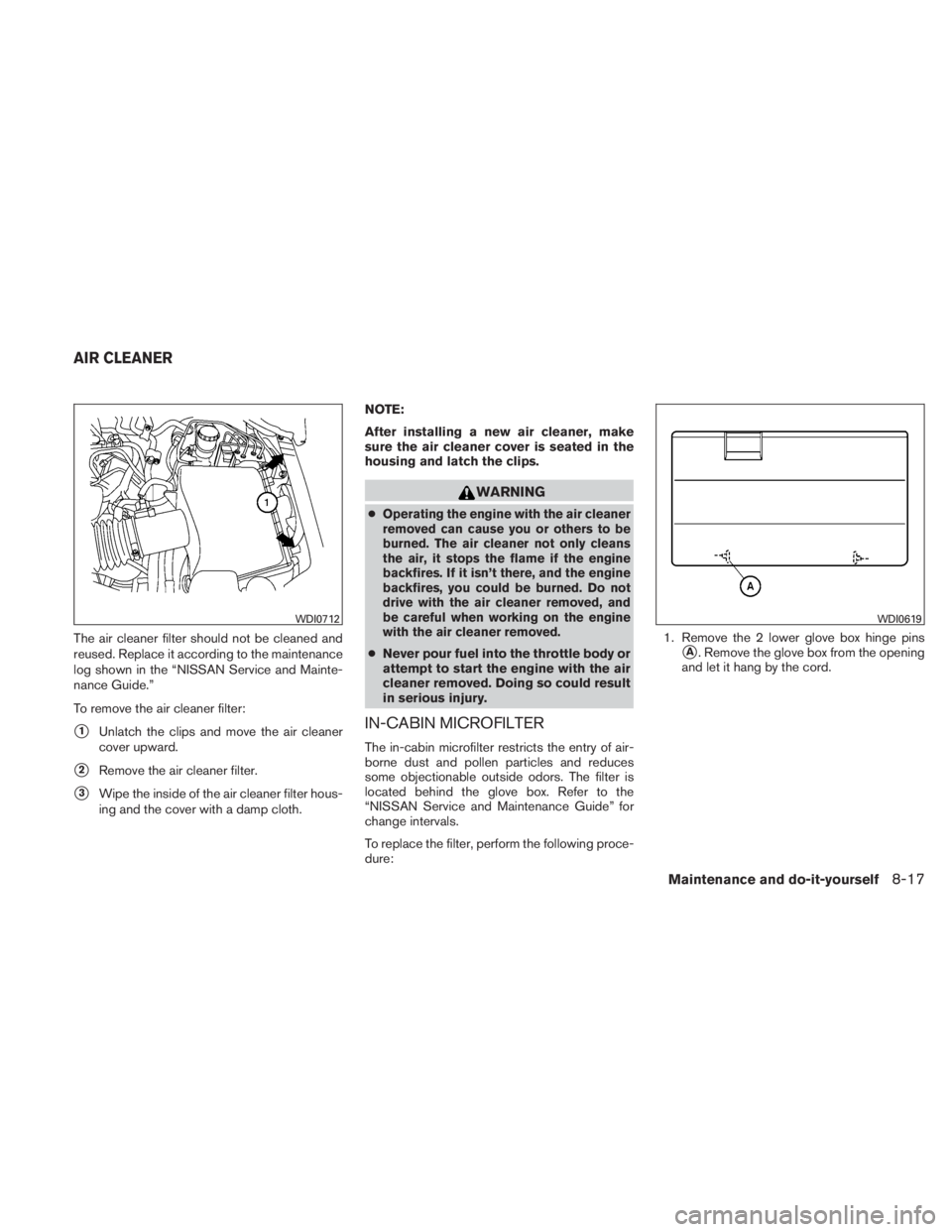 NISSAN TITAN 2010  Owners Manual The air cleaner filter should not be cleaned and
reused. Replace it according to the maintenance
log shown in the “NISSAN Service and Mainte-
nance Guide.”
To remove the air cleaner filter:
1Unla