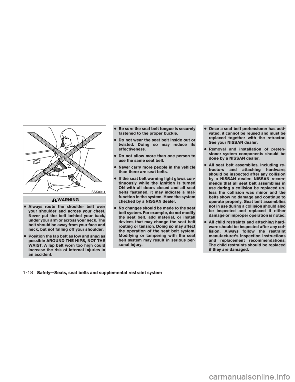NISSAN TITAN 2010 Owners Guide WARNING
●Always route the shoulder belt over
your shoulder and across your chest.
Never put the belt behind your back,
under your arm or across your neck. The
belt should be away from your face and
