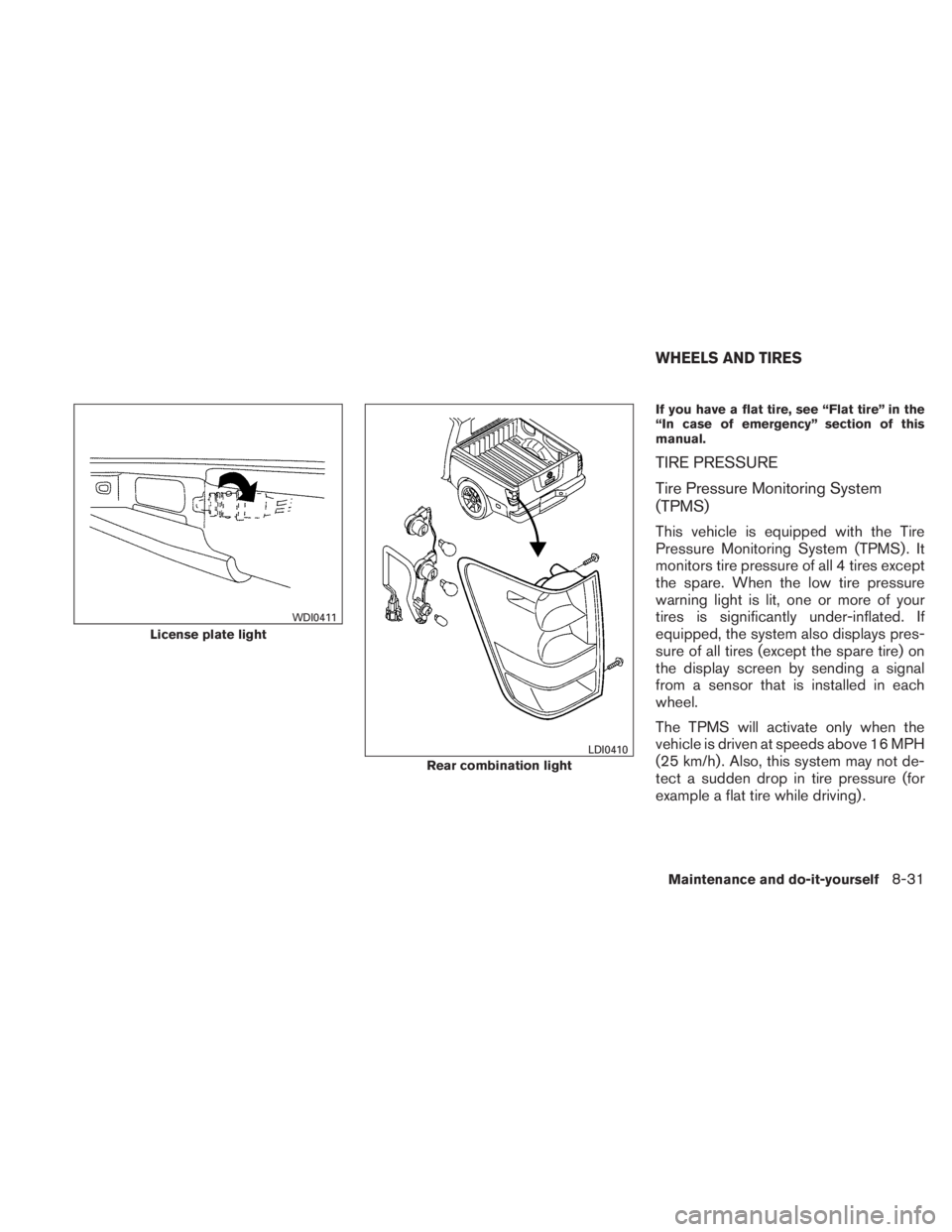 NISSAN TITAN 2010  Owners Manual If you have a flat tire, see “Flat tire” in the
“In case of emergency” section of this
manual.
TIRE PRESSURE
Tire Pressure Monitoring System
(TPMS)
This vehicle is equipped with the Tire
Press