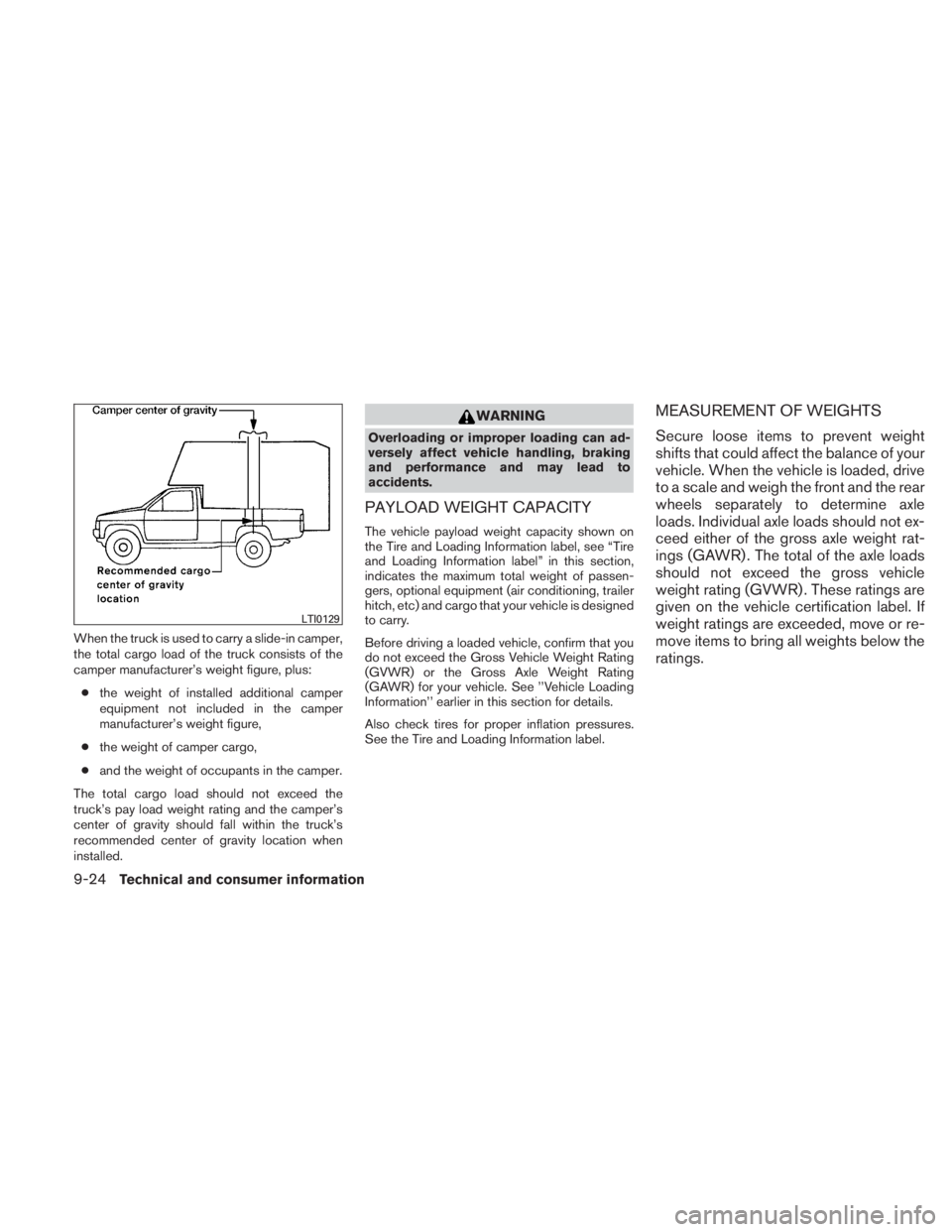 NISSAN TITAN 2010  Owners Manual When the truck is used to carry a slide-in camper,
the total cargo load of the truck consists of the
camper manufacturer’s weight figure, plus:● the weight of installed additional camper
equipment
